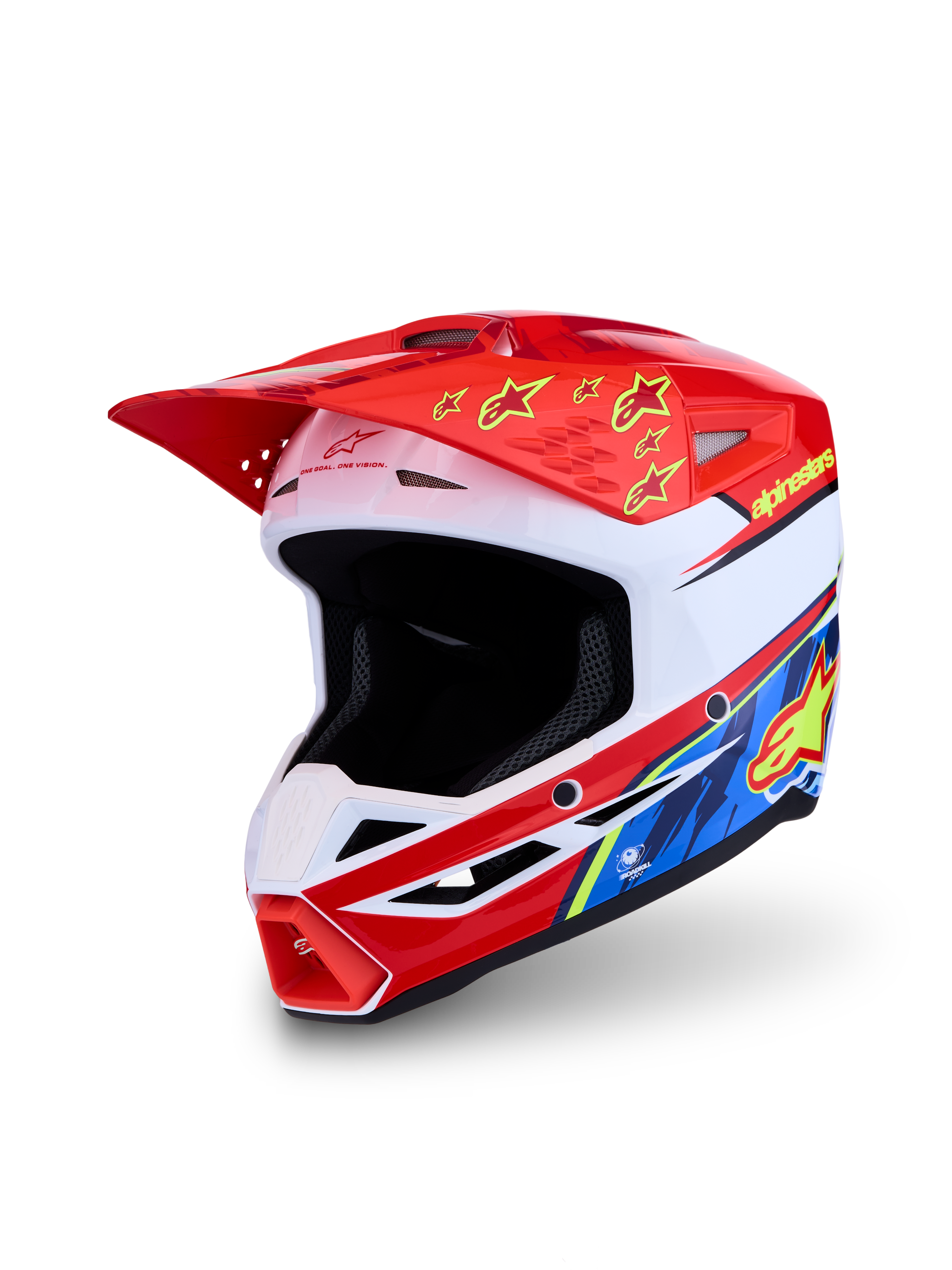 Alpinestars Kask SM3 Falcon ECE06, kask motocrossowy off-road, biało-czerwony z niebiesko-żółtą grafiką, norma ECE 2206
