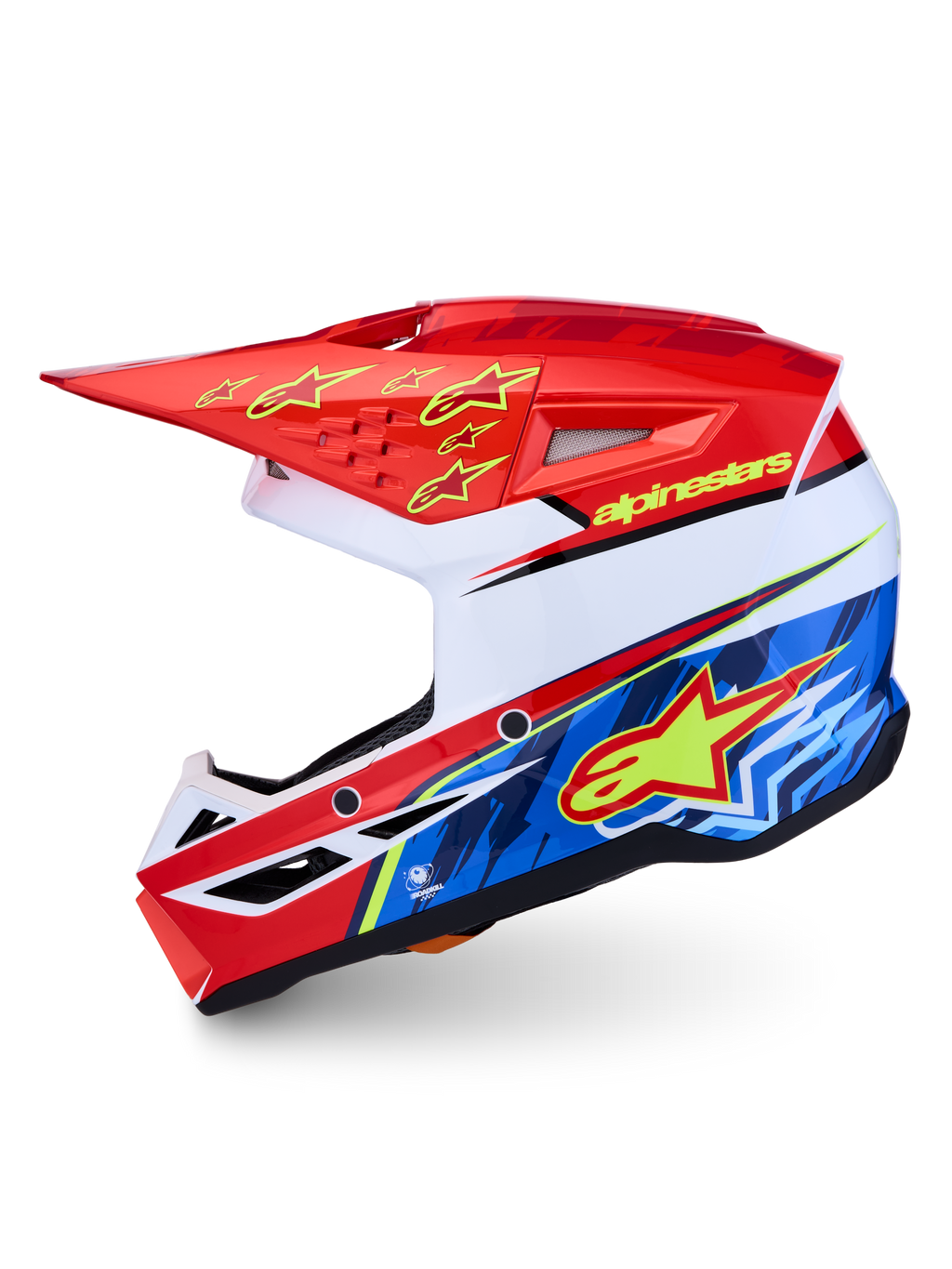 Alpinestars Kask SM3 Falcon ECE06, kask motocrossowy do jazdy enduro, czerwony, niebieski i biały, certyfikowany ECE 22.06, opatentowany system zwalniania wizjera, lekka polimerowa skorupa