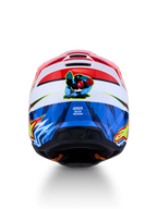 Kask Alpinestars SM3 Falcon ECE06, czerwono-niebieski kask motocrossowy z grafiką rysunkowego sokoła z tyłu.