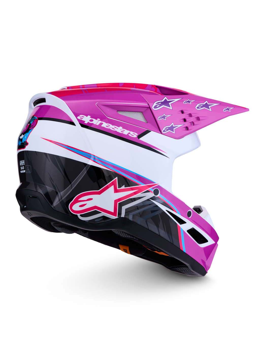 Kask Alpinestars SM3 Falcon ECE06, fioletowy i biały kask motocrossowy z czarnymi akcentami i błyszczącym wykończeniem, certyfikat ECE 2206