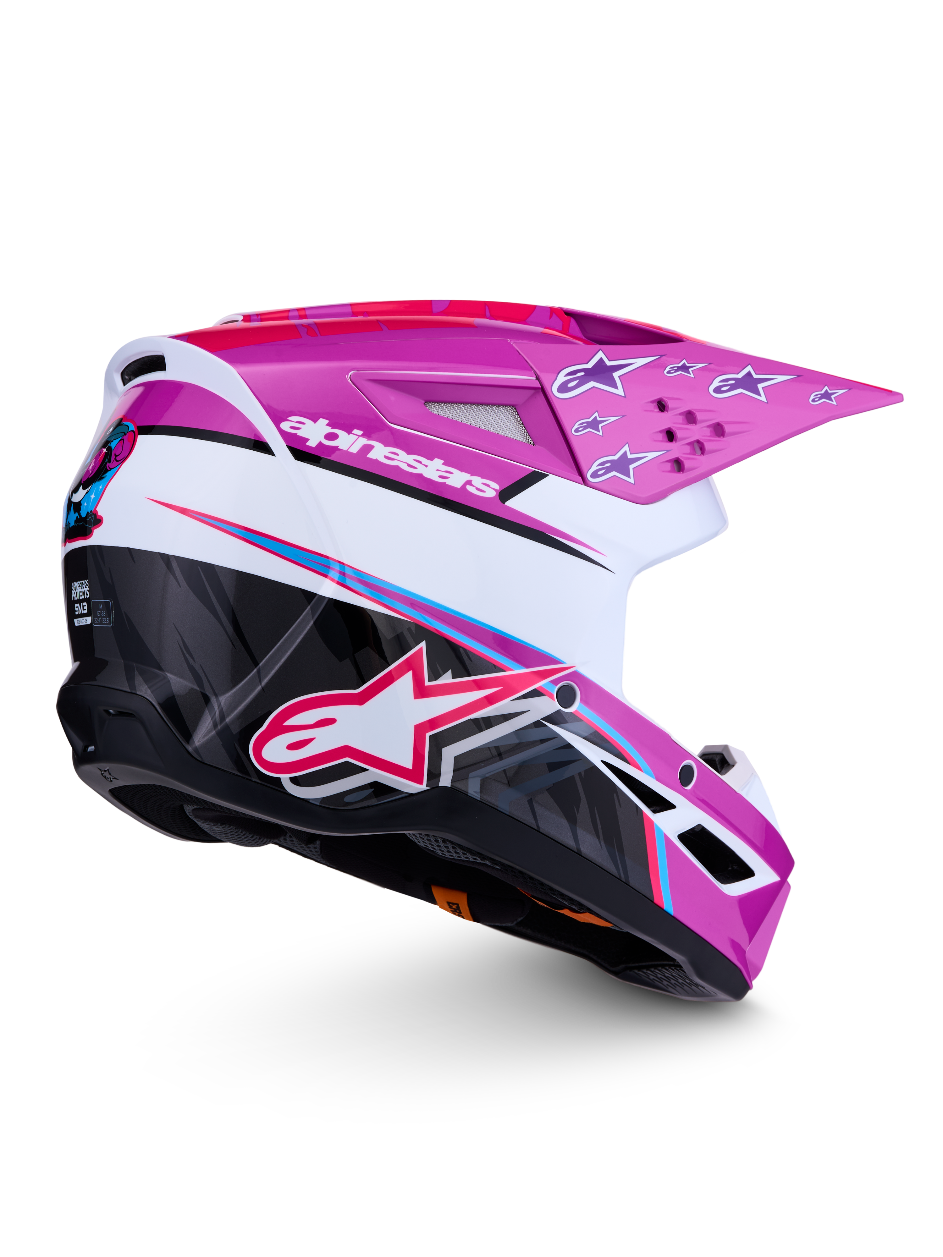 Kask Alpinestars SM3 Falcon ECE06, fioletowy i biały kask motocrossowy z czarnymi akcentami i błyszczącym wykończeniem, certyfikat ECE 2206