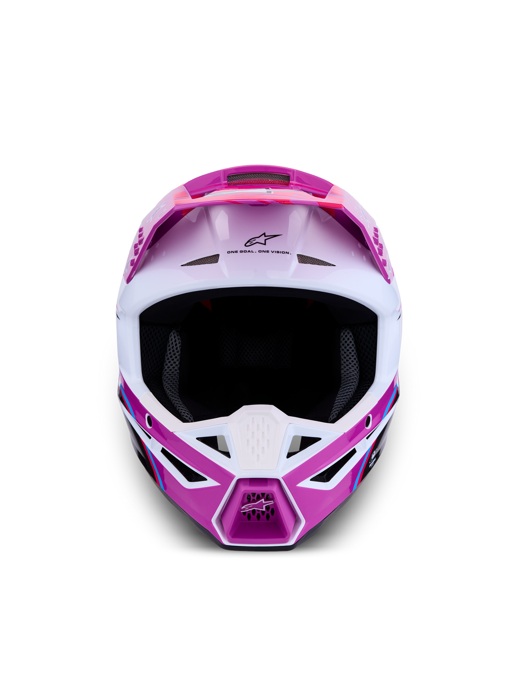 Kask Alpinestars SM3 Falcon ECE06, fioletowy i biały kask do motocrossu, widok z przodu, zaawansowana wentylacja off-road.