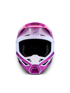 Kask Alpinestars SM3 Falcon ECE06, fioletowy i biały kask do motocrossu, widok z przodu, zaawansowana wentylacja off-road.