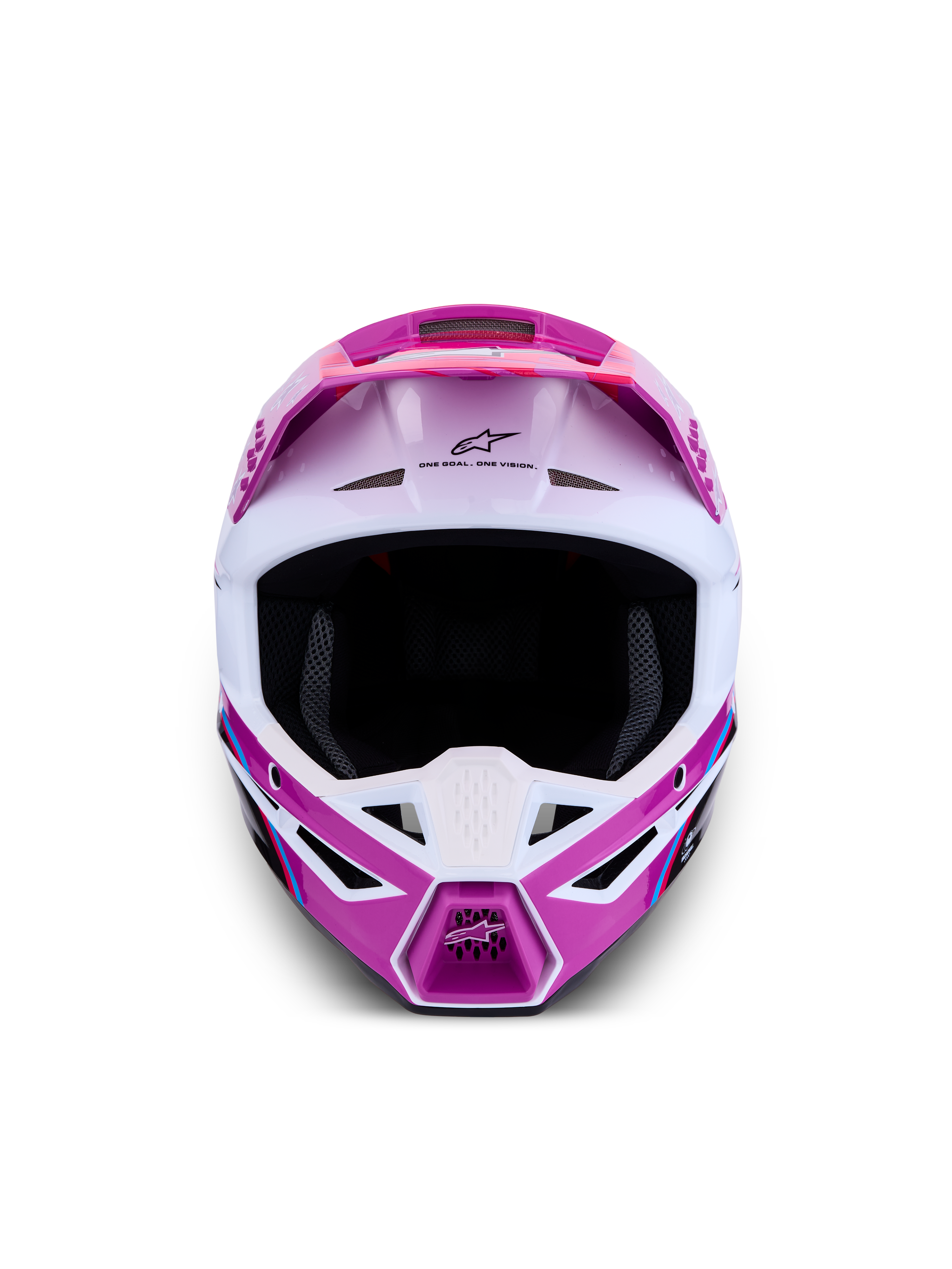 Kask Alpinestars SM3 Falcon ECE06, fioletowy i biały kask do motocrossu, widok z przodu, zaawansowana wentylacja off-road.