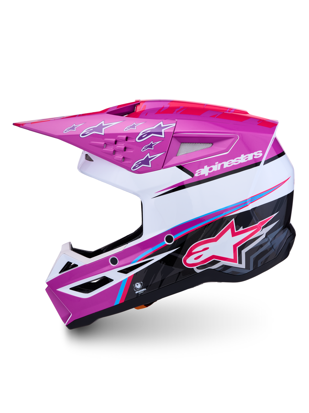 Alpinestars SM3 Falcon ECE06, fioletowy i biały kask motocrossowy z różowymi detalami, certyfikat ECE, styl off-road.