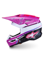 Alpinestars SM3 Falcon ECE06, fioletowy i biały kask motocrossowy z różowymi detalami, certyfikat ECE, styl off-road.