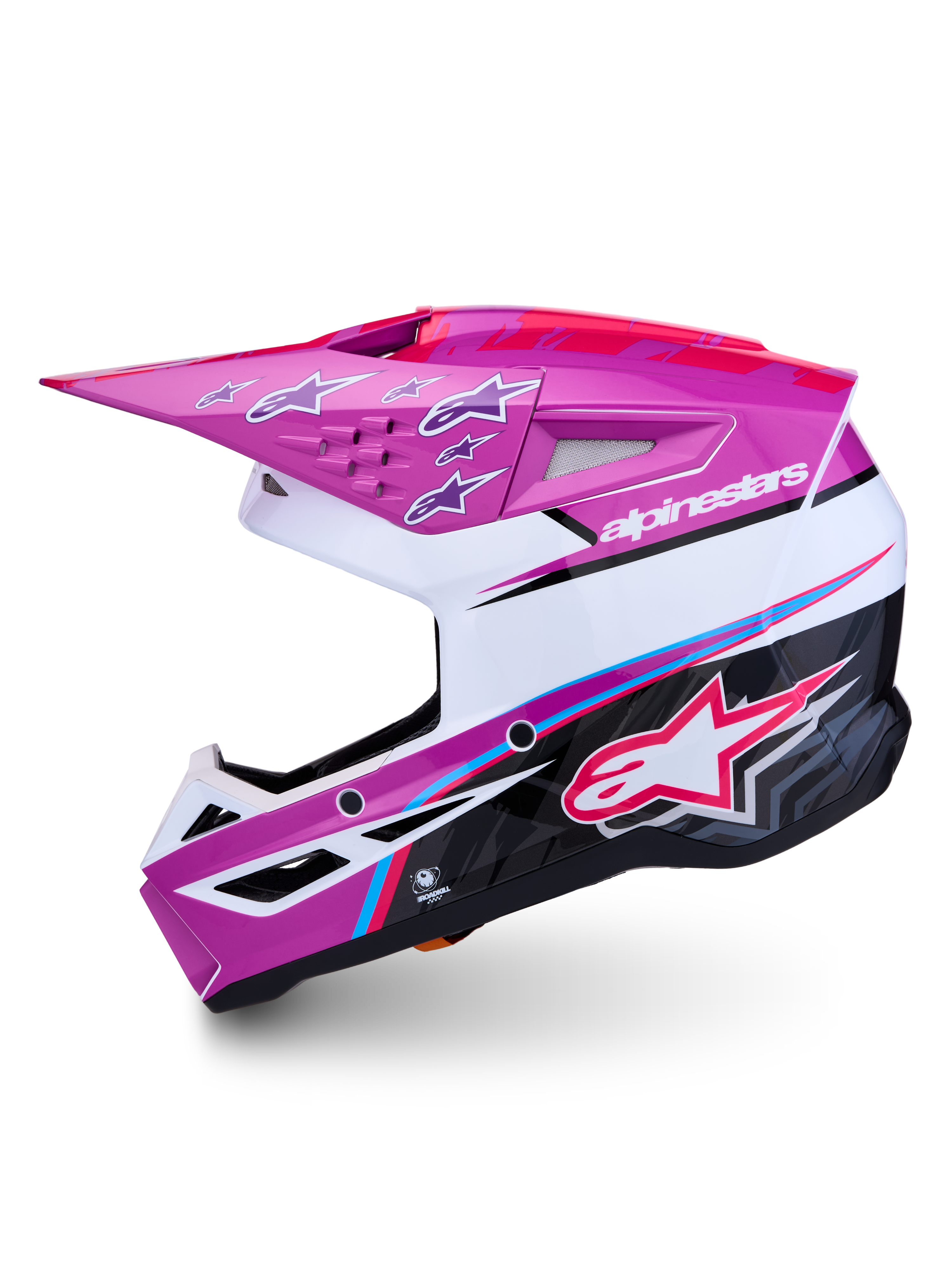 Alpinestars SM3 Falcon ECE06, fioletowy i biały kask motocrossowy z różowymi detalami, certyfikat ECE, styl off-road.