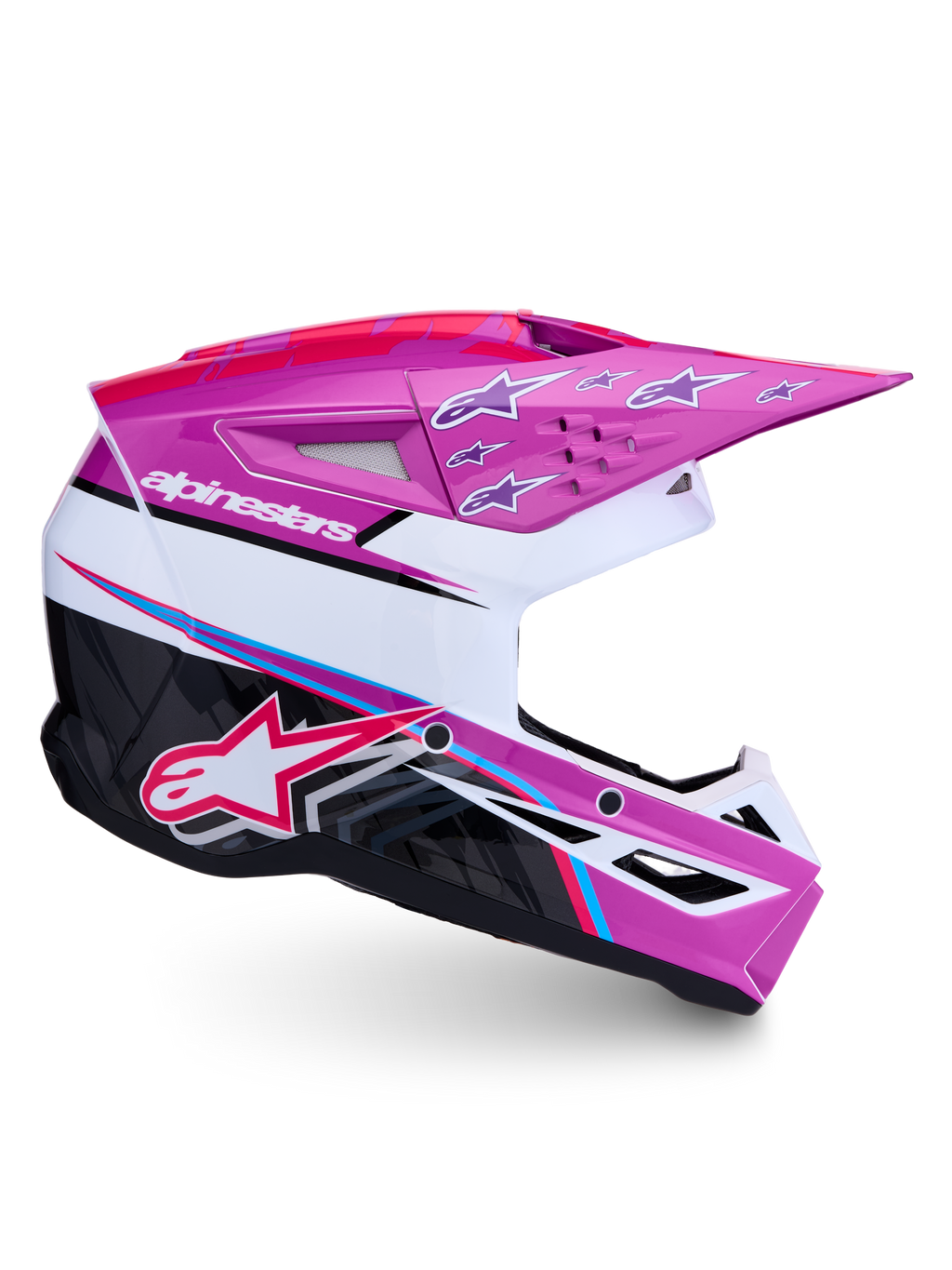 Alpinestars SM3 Falcon ECE06, fioletowy i biały kask motocrossowy z różowymi akcentami fluo, certyfikowany CE