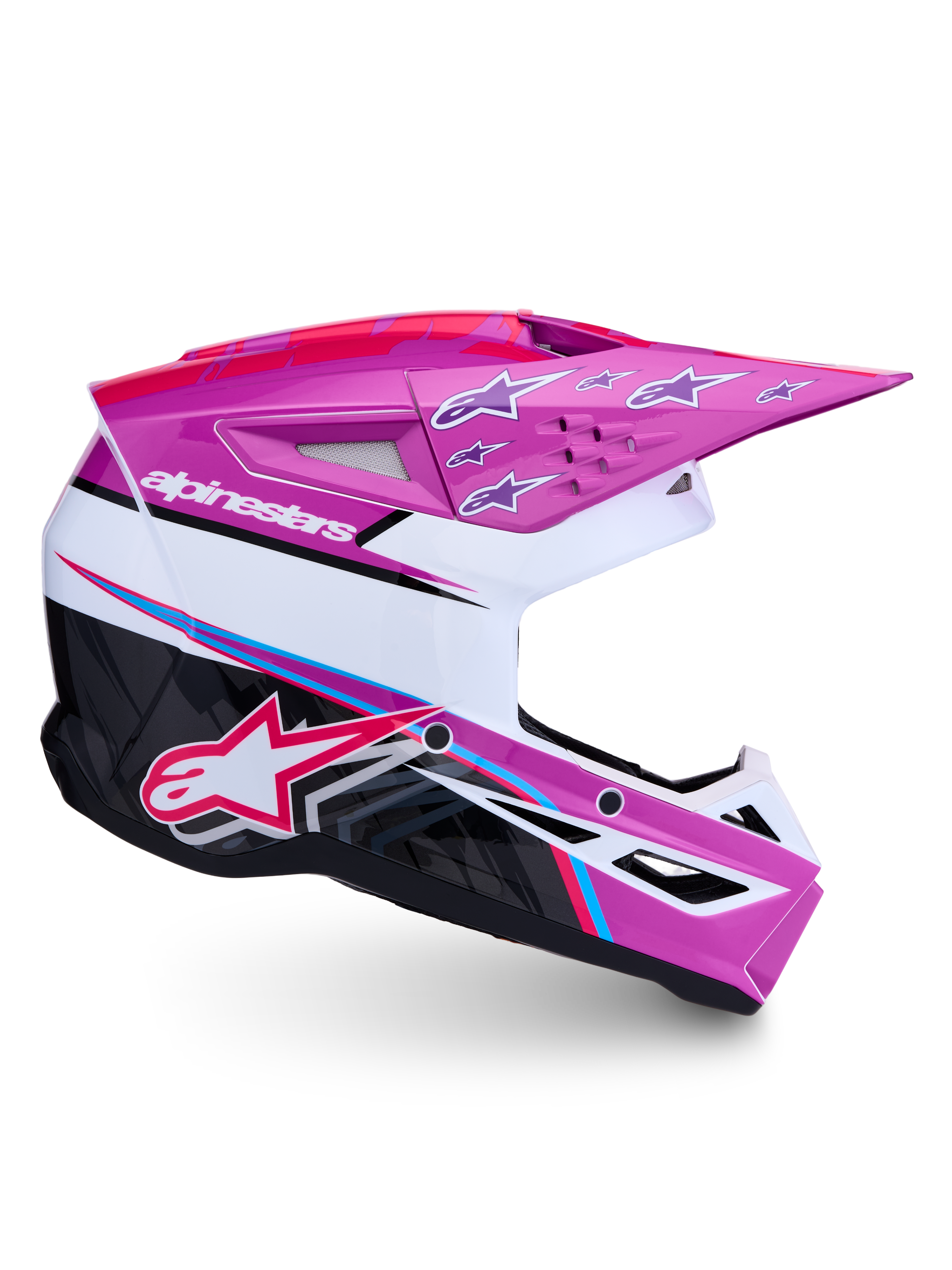 Alpinestars SM3 Falcon Helmet ECE06, purple and white motocross helmet with pink fluo accents and ECE certification.