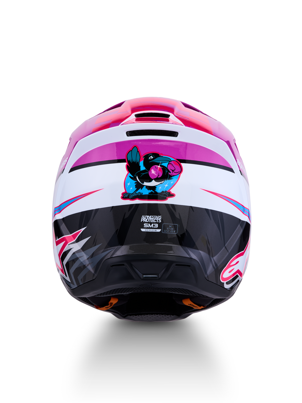 Alpinestars SM3 Falcon ECE06, fioletowo-biały kask motocrossowy z grafiką boksującego kruka z tyłu.