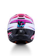 Alpinestars SM3 Falcon ECE06, fioletowo-biały kask motocrossowy z grafiką boksującego kruka z tyłu.
