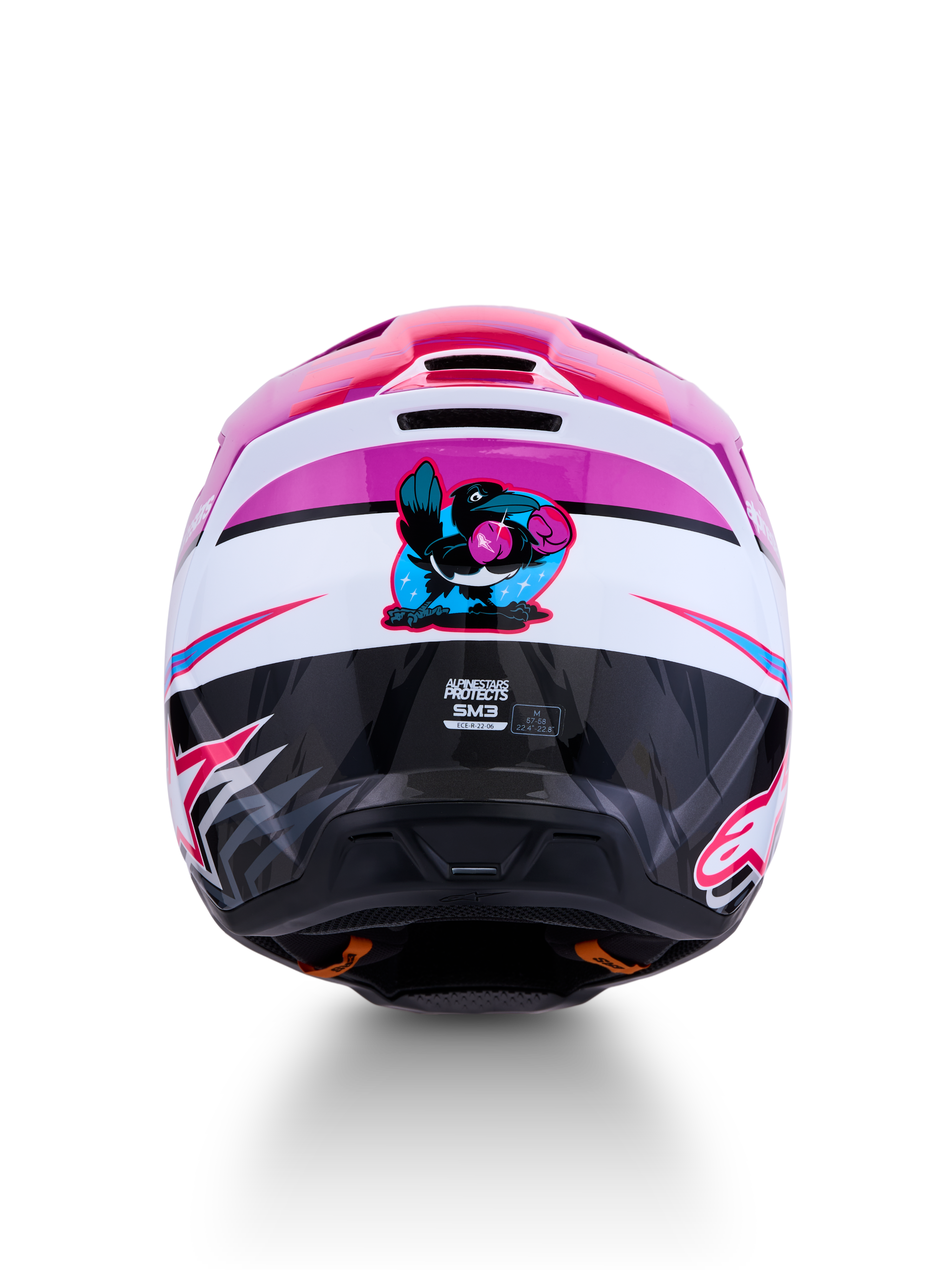 Alpinestars SM3 Falcon ECE06, fioletowo-biały kask motocrossowy z grafiką boksującego kruka z tyłu.