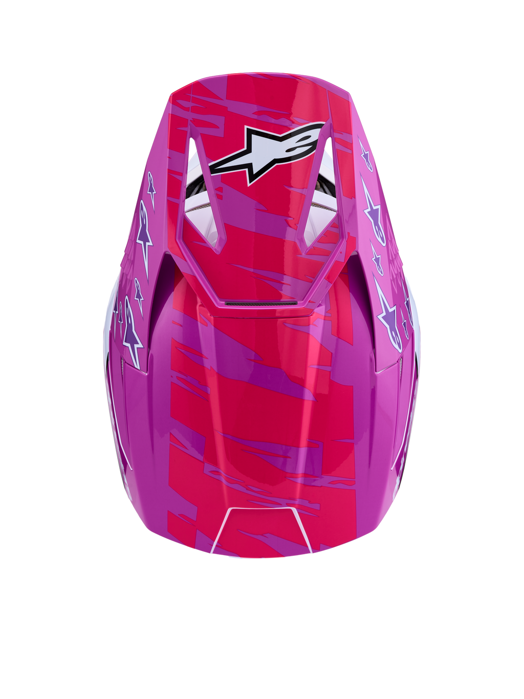 Kask Alpinestars SM3 Falcon ECE06, różowy i fioletowy błyszczący kask motocrossowy z białym logo gwiazdy, widok z góry na daszek.