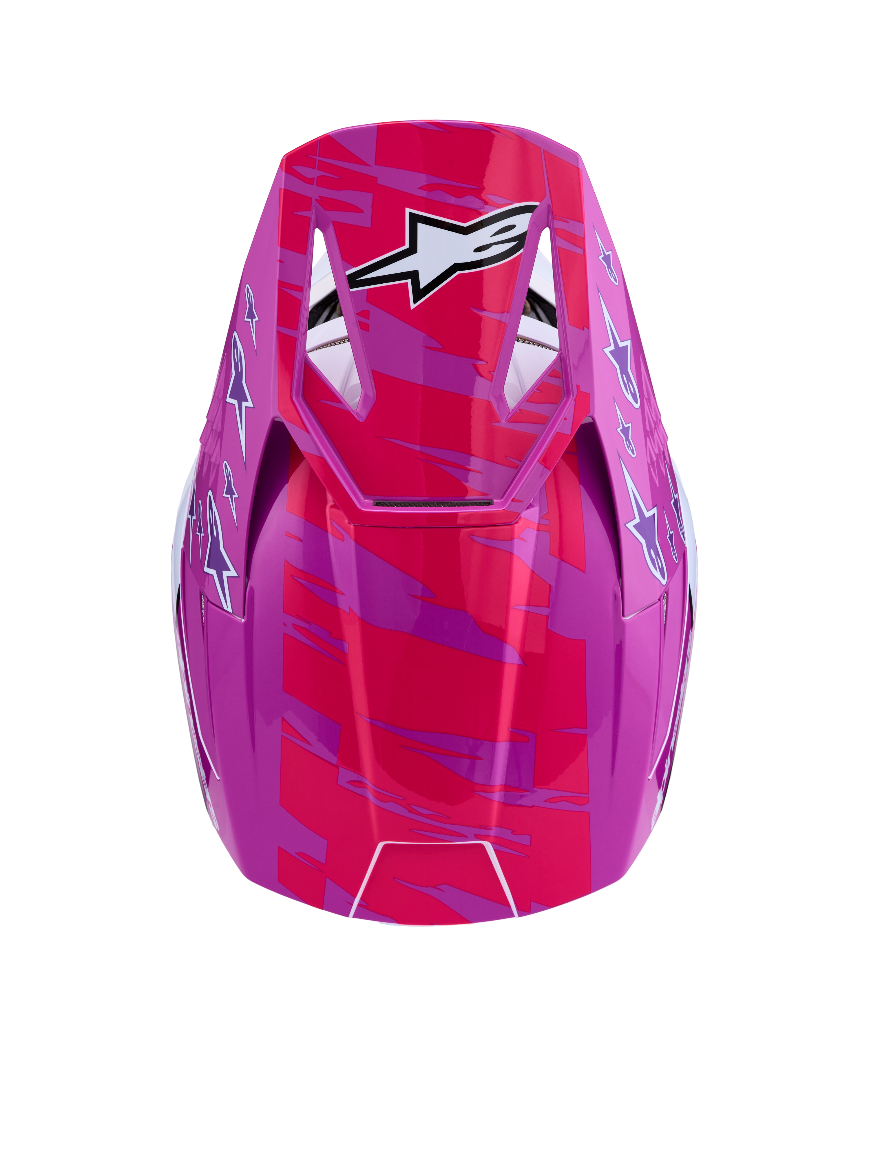 Kask Alpinestars SM3 Falcon ECE06, różowy i fioletowy błyszczący kask motocrossowy z białym logo gwiazdy, widok z góry na daszek.