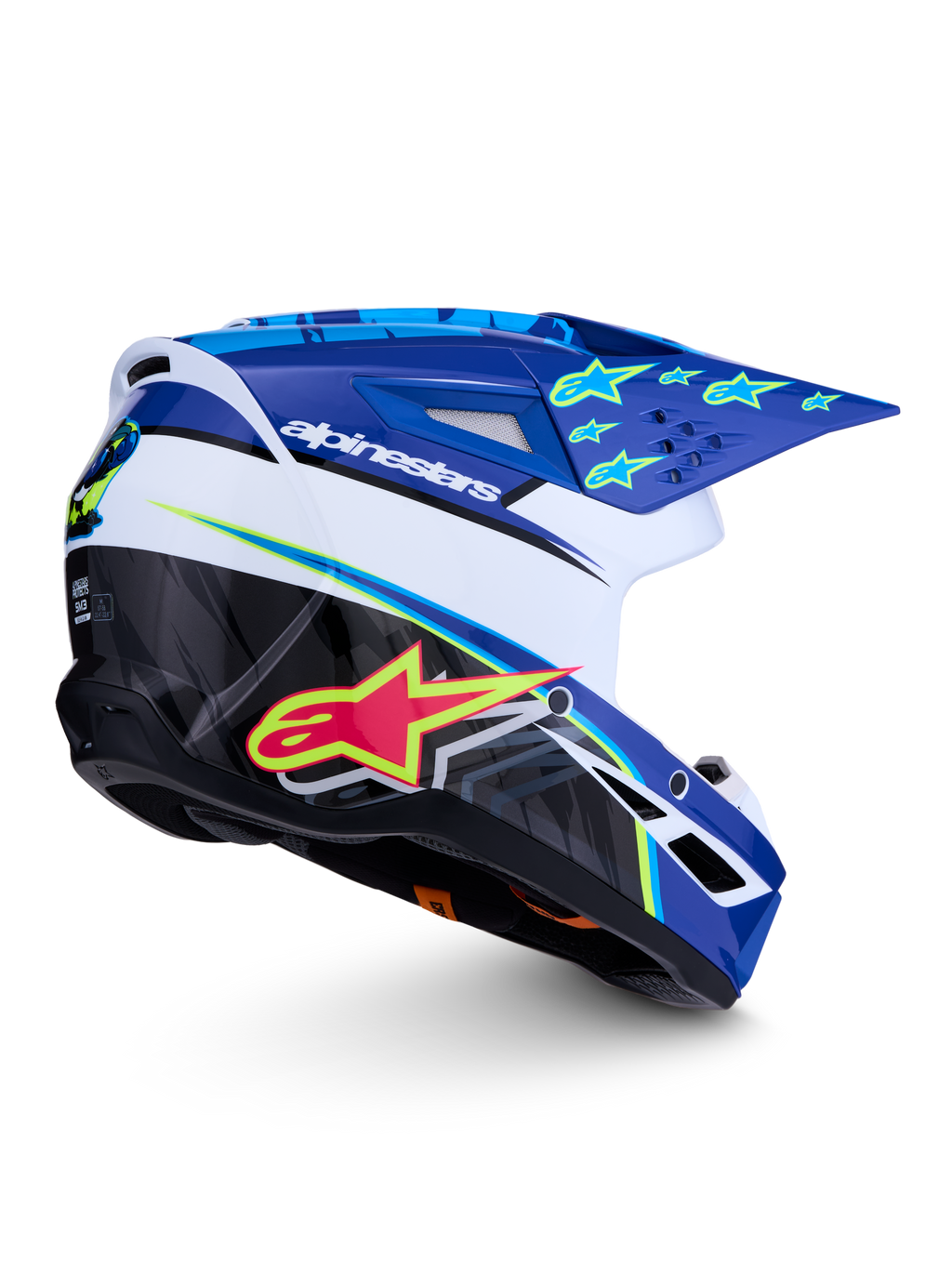 Kask Alpinestars SM3 Falcon ECE06, niebieski, biały i czarny kask motocrossowy z jaskrawożółtymi akcentami, błyszczący.
