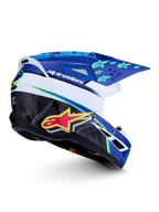 Kask Alpinestars SM3 Falcon ECE06, niebieski, biały i czarny kask motocrossowy z jaskrawożółtymi akcentami, błyszczący.