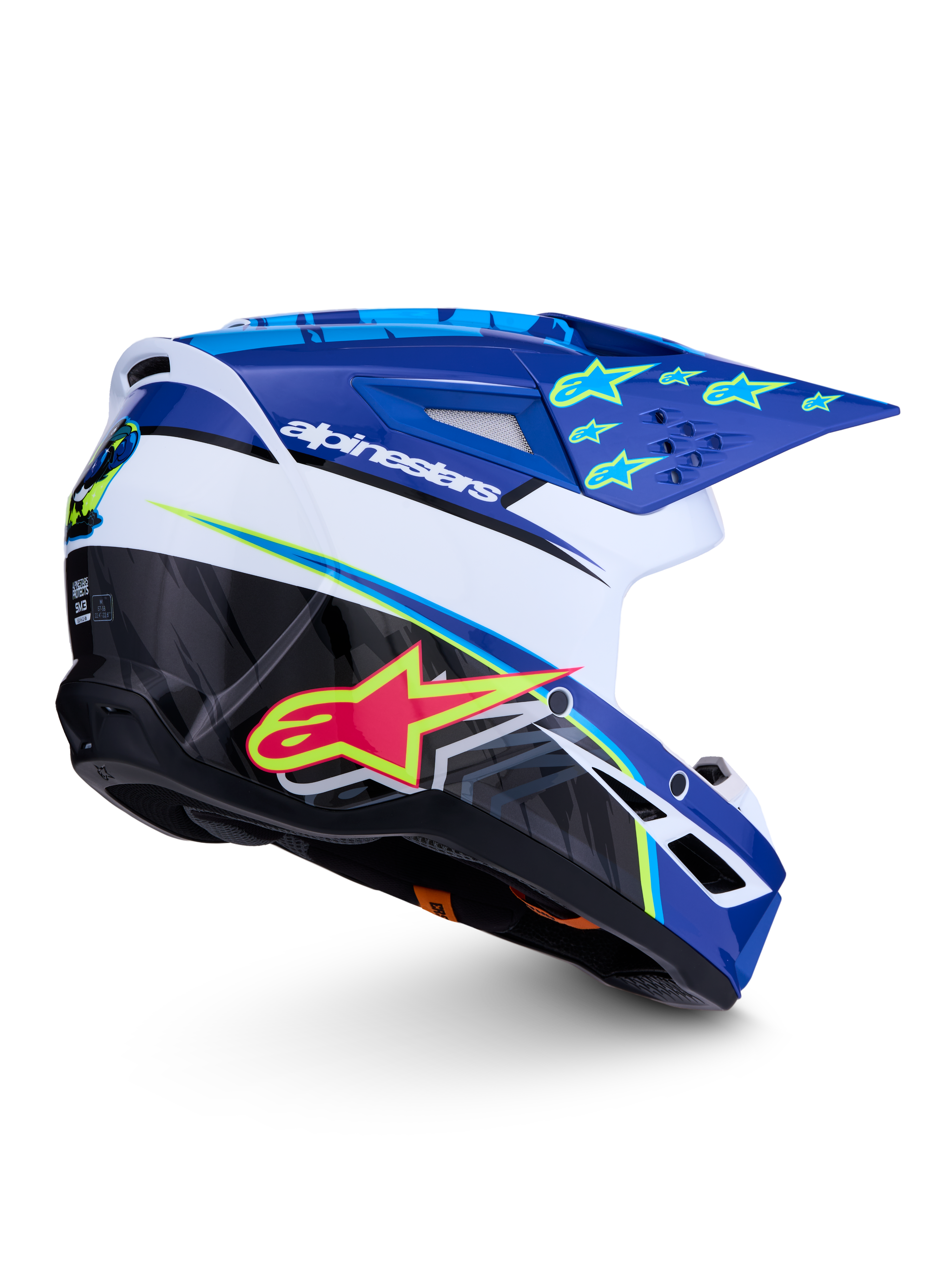 Kask Alpinestars SM3 Falcon ECE06, niebieski, biały i czarny kask motocrossowy z jaskrawożółtymi akcentami, błyszczący.