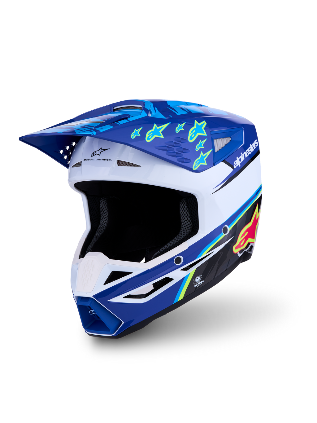 Alpinestars SM3 Falcon ECE06, niebieski i biały kask motocrossowy z żółtymi gwiazdami, certyfikat ECE 22.06