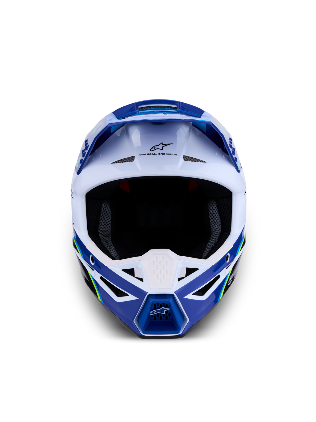Kask Alpinestars SM3 Falcon ECE06, niebiesko-biały kask motocrossowy, certyfikat ECE 22.06, widok z przodu.