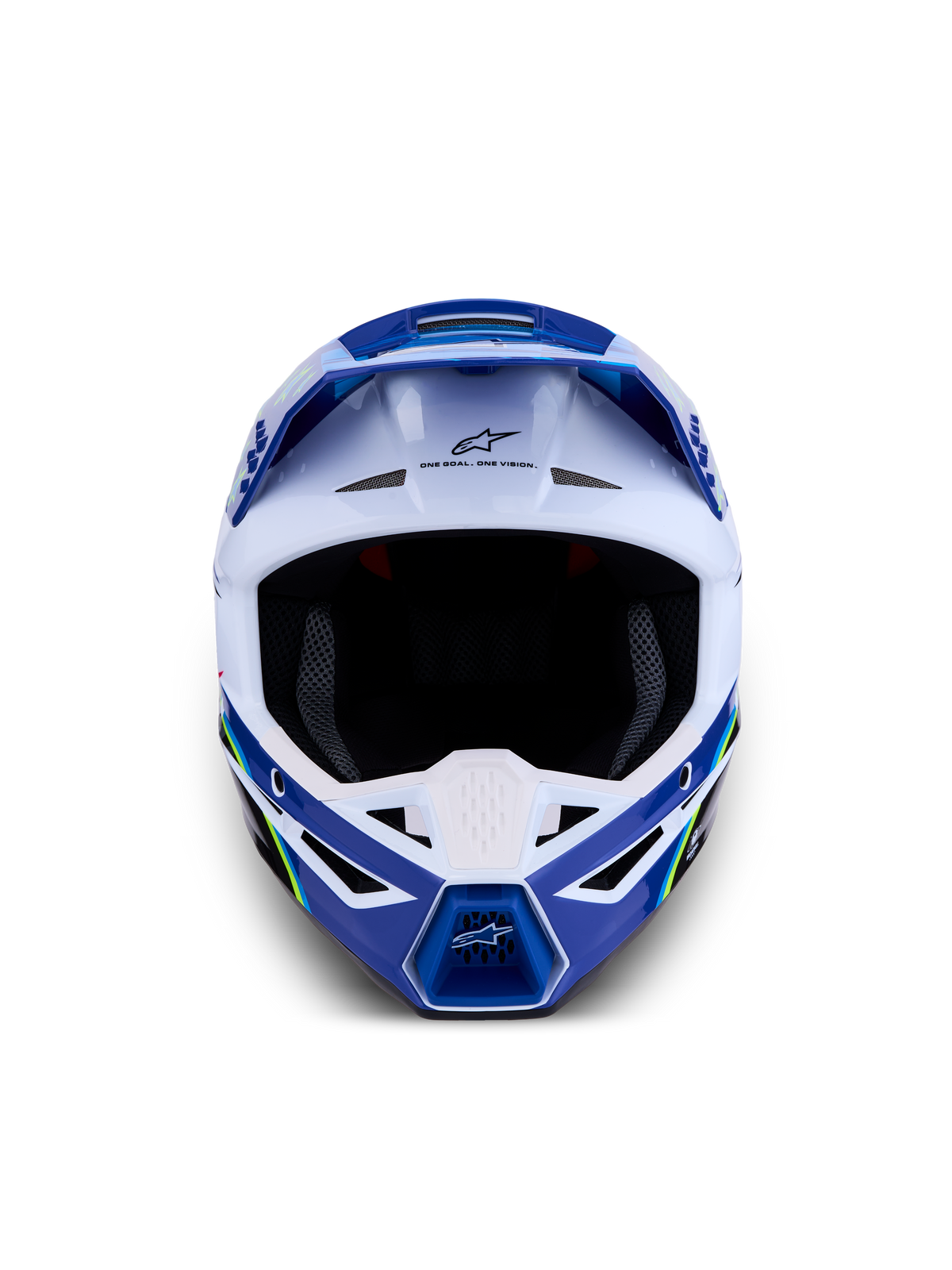 Kask Alpinestars SM3 Falcon ECE06, niebiesko-biały kask motocrossowy, certyfikat ECE 22.06, widok z przodu.