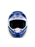 Kask Alpinestars SM3 Falcon ECE06, niebiesko-biały kask motocrossowy, certyfikat ECE 22.06, widok z przodu.