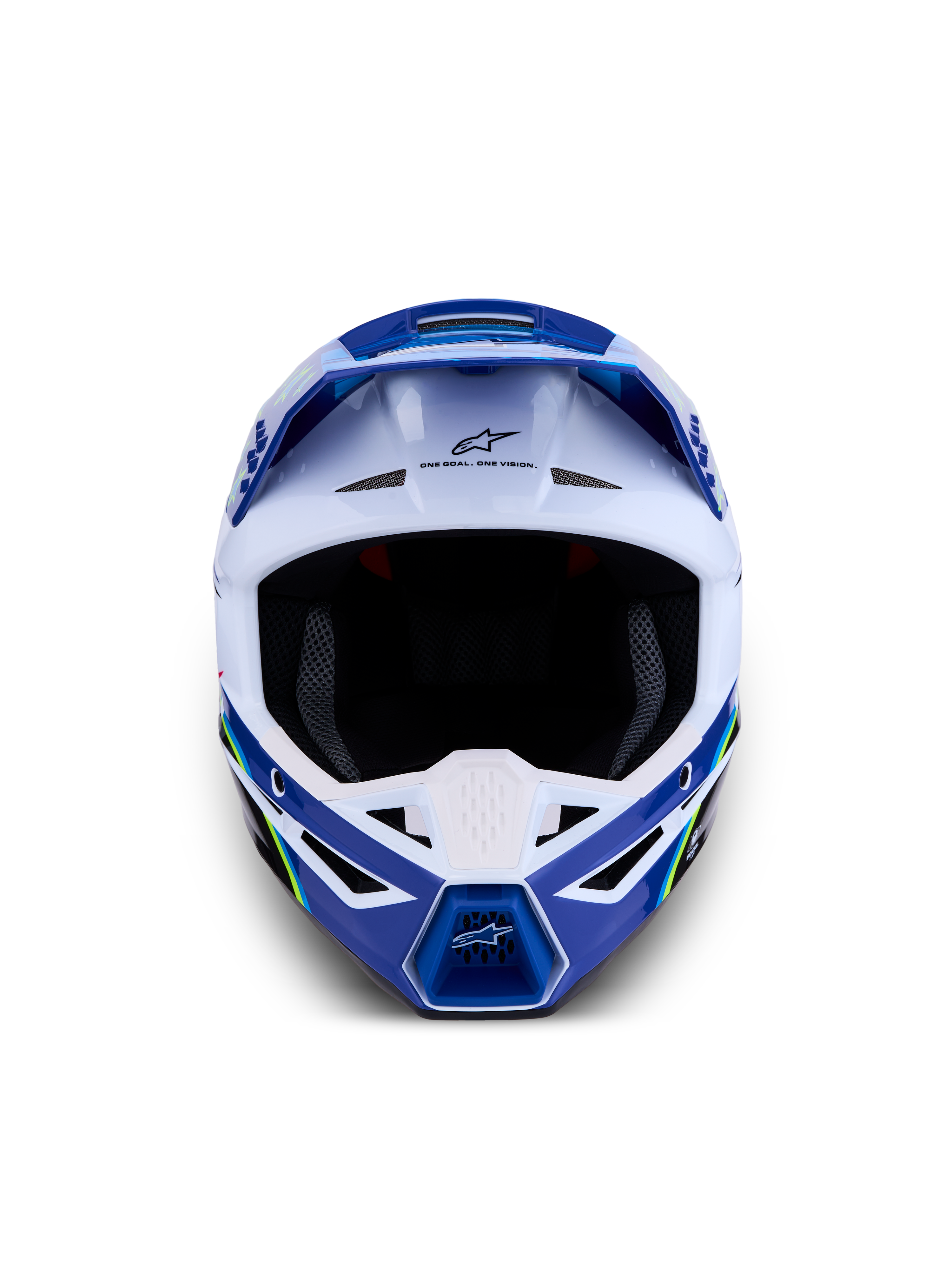 Kask Alpinestars SM3 Falcon ECE06, niebiesko-biały kask motocrossowy, certyfikat ECE 22.06, widok z przodu.