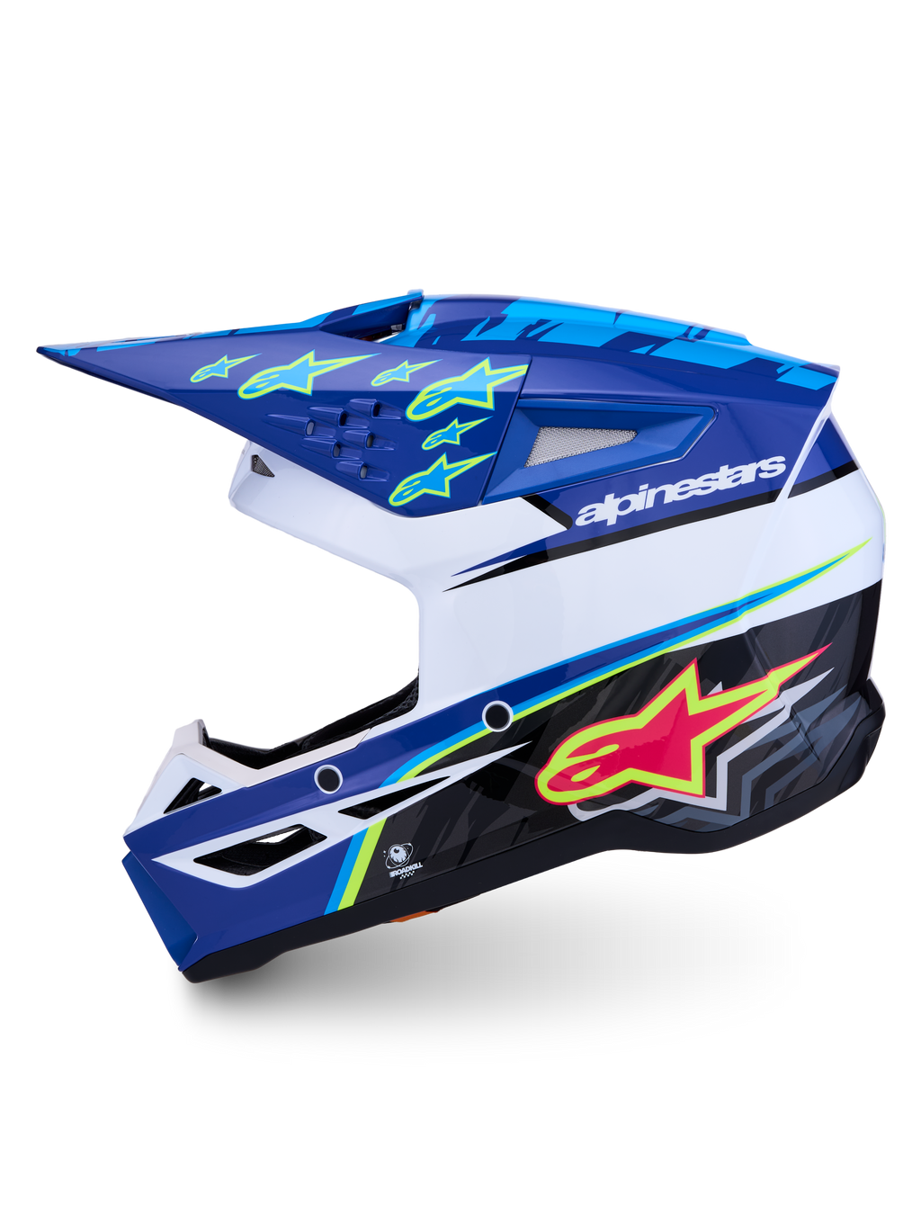 Kask Alpinestars SM3 Falcon ECE06, kask motocrossowy do jazdy terenowej, niebieski i biały z różowymi i neonowymi żółtymi grafikami, certyfikat ECE 22.06.