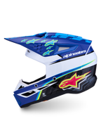 Kask Alpinestars SM3 Falcon ECE06, kask motocrossowy do jazdy terenowej, niebieski i biały z różowymi i neonowymi żółtymi grafikami, certyfikat ECE 22.06.