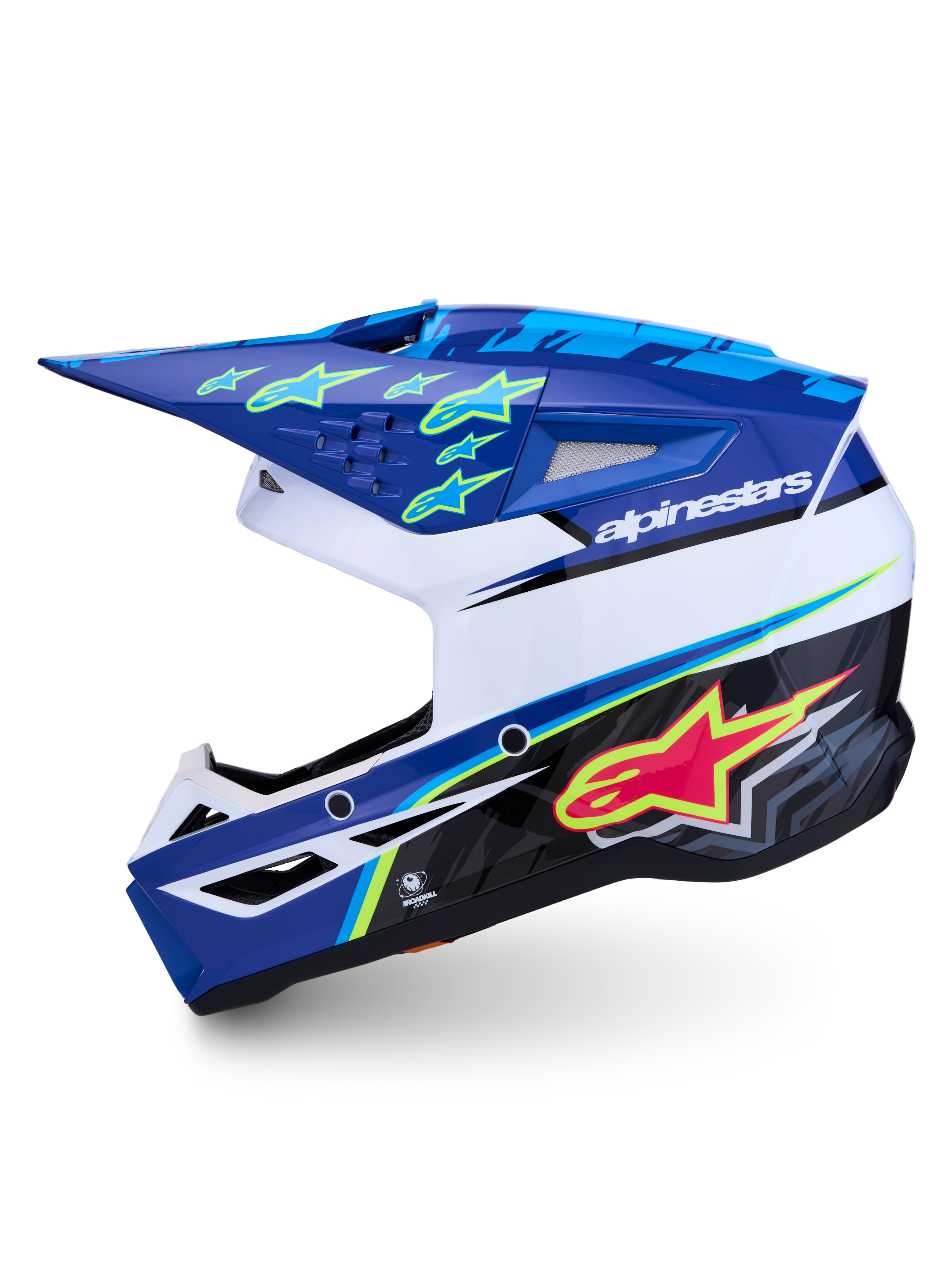 Kask Alpinestars SM3 Falcon ECE06, kask motocrossowy do jazdy terenowej, niebieski i biały z różowymi i neonowymi żółtymi grafikami, certyfikat ECE 22.06.