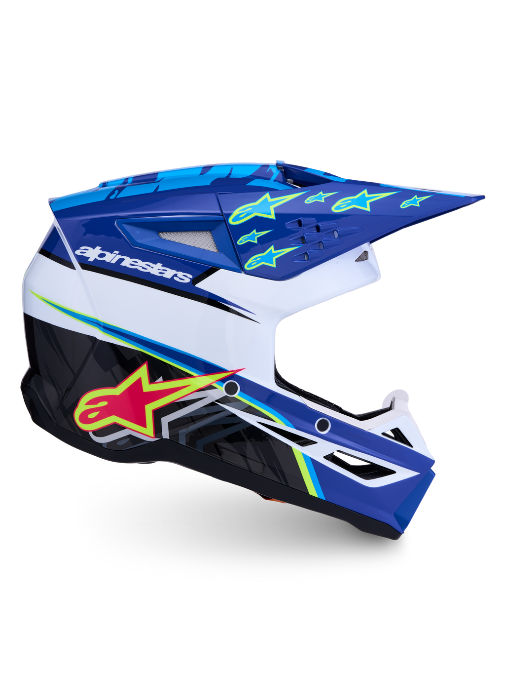 Kask Alpinestars SM3 Falcon ECE06, niebiesko-biały kask motocrossowy z zaawansowaną wentylacją i grafiką gwiazd.