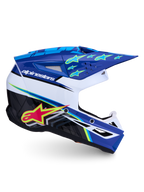 Kask Alpinestars SM3 Falcon ECE06, niebiesko-biały kask motocrossowy z zaawansowaną wentylacją i grafiką gwiazd.