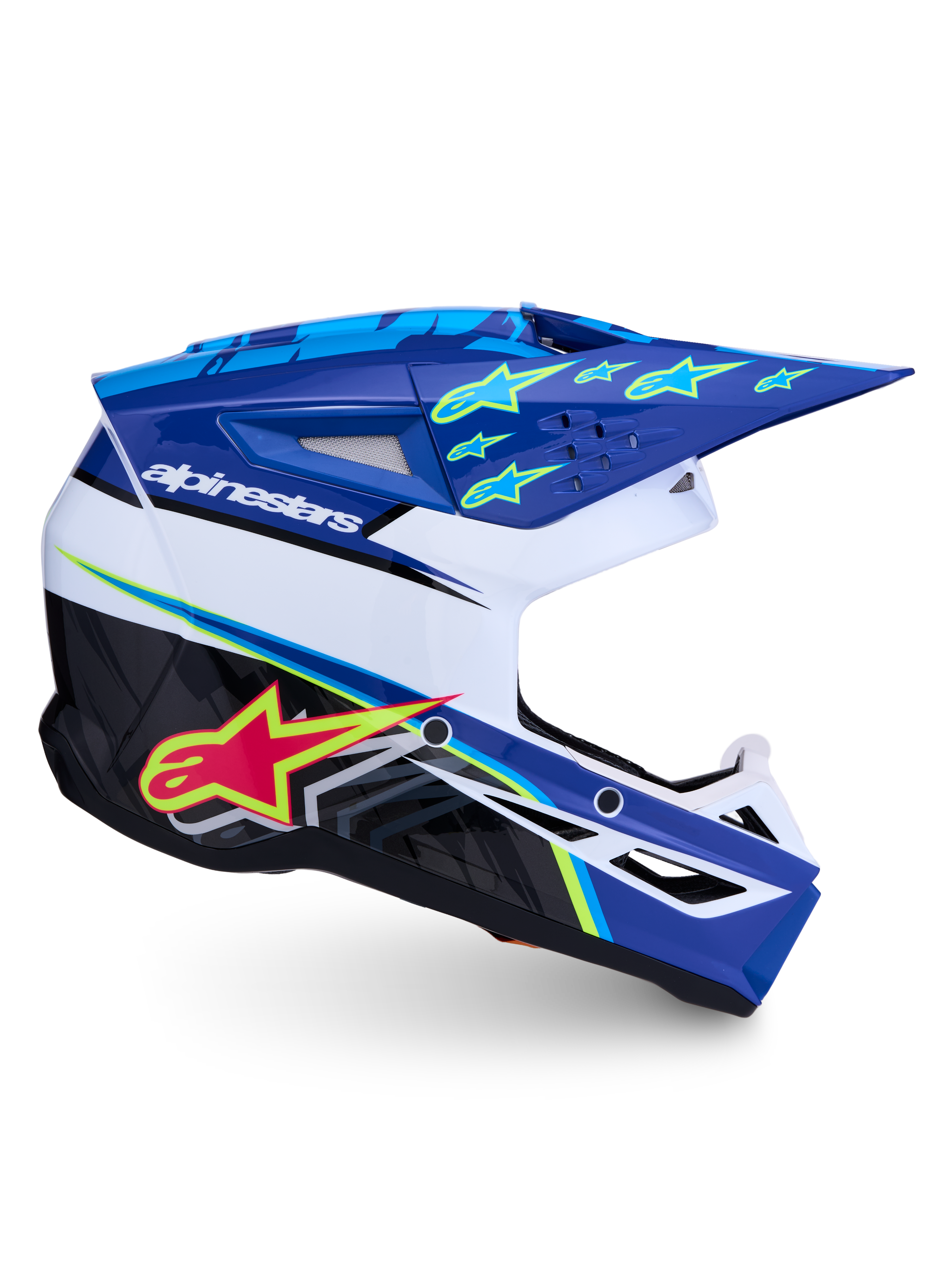 Kask Alpinestars SM3 Falcon ECE06, niebiesko-biały kask motocrossowy z zaawansowaną wentylacją i grafiką gwiazd.
