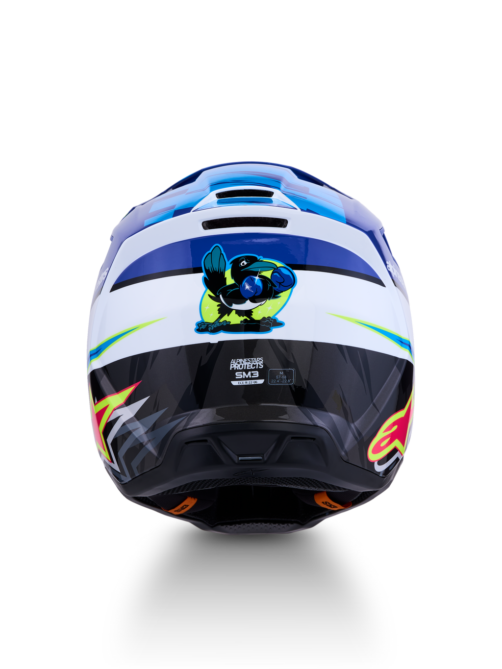 Kask Alpinestars SM3 Falcon ECE06, niebieski i biały kask motocrossowy, tył z grafiką sokoła i certyfikatem ECE 22-06.