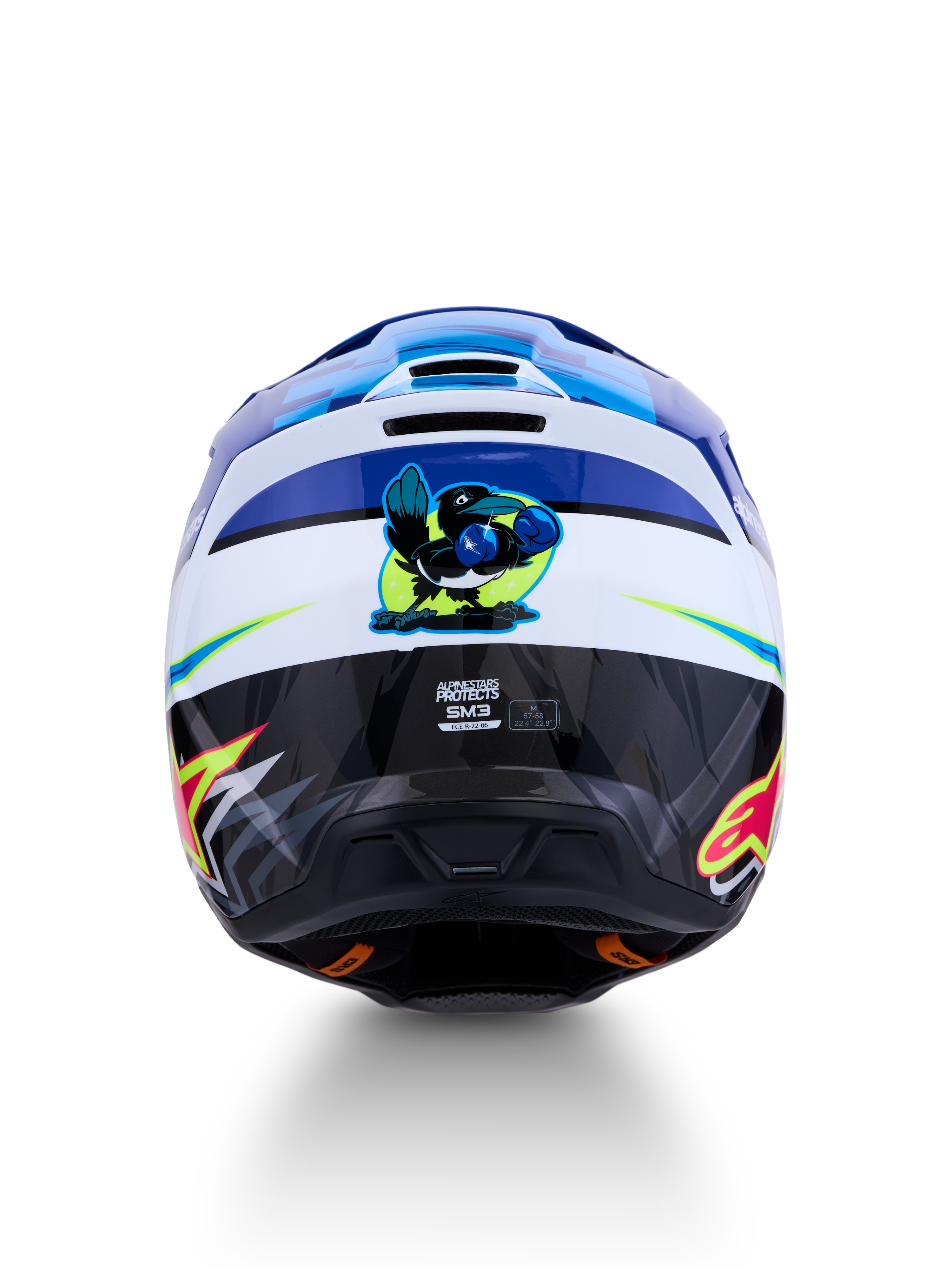Kask Alpinestars SM3 Falcon ECE06, niebieski i biały kask motocrossowy, tył z grafiką sokoła i certyfikatem ECE 22-06.