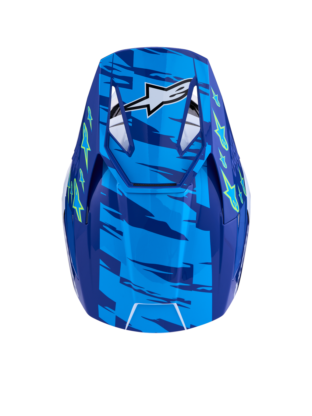 Kask Alpinestars SM3 Falcon ECE06, kask motocyklowy motocross, niebieski i żółty fluo, certyfikat ECE 22.06, widok z góry na wentylowany daszek.