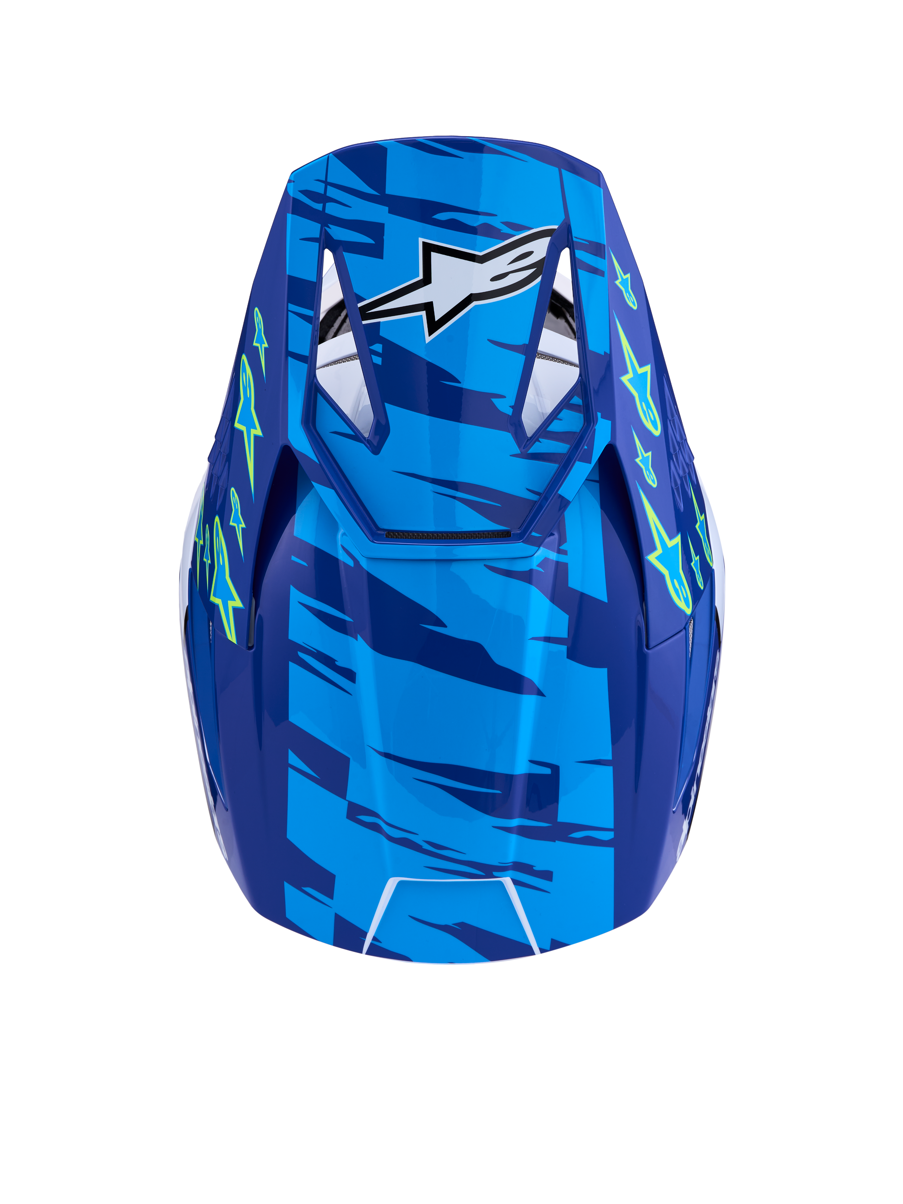 Kask Alpinestars SM3 Falcon ECE06, kask motocyklowy motocross, niebieski i żółty fluo, certyfikat ECE 22.06, widok z góry na wentylowany daszek.