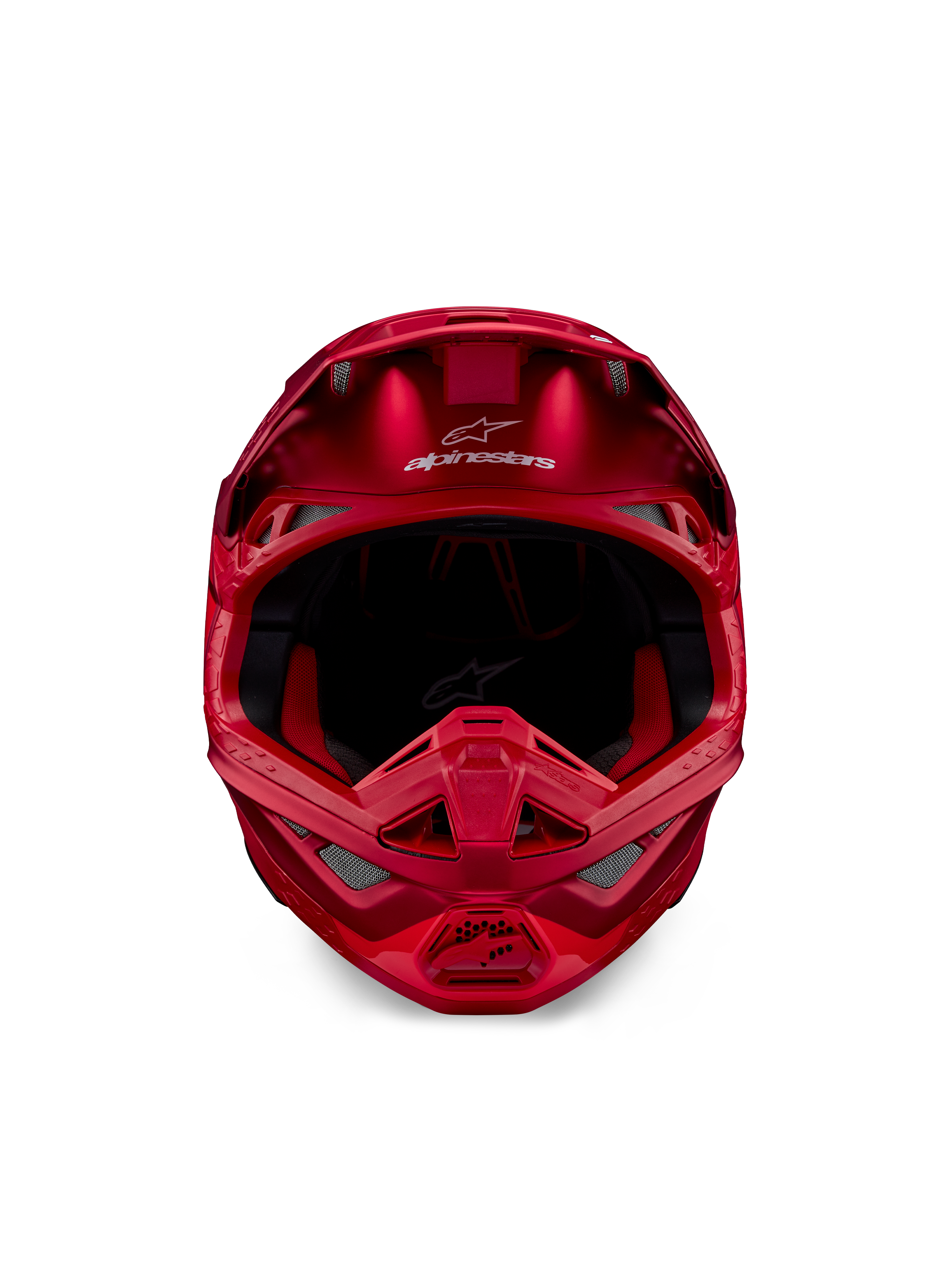 Alpinestars Supertech M10 Flood Helmet, Motocross Helmet, Red Fluo and Red Matte/Glossy, front-facing view showing aerodynamic profile with multiple ventilation ports, Alpinestars logo on the forehead, and red interior lining, professional off-road racing gear