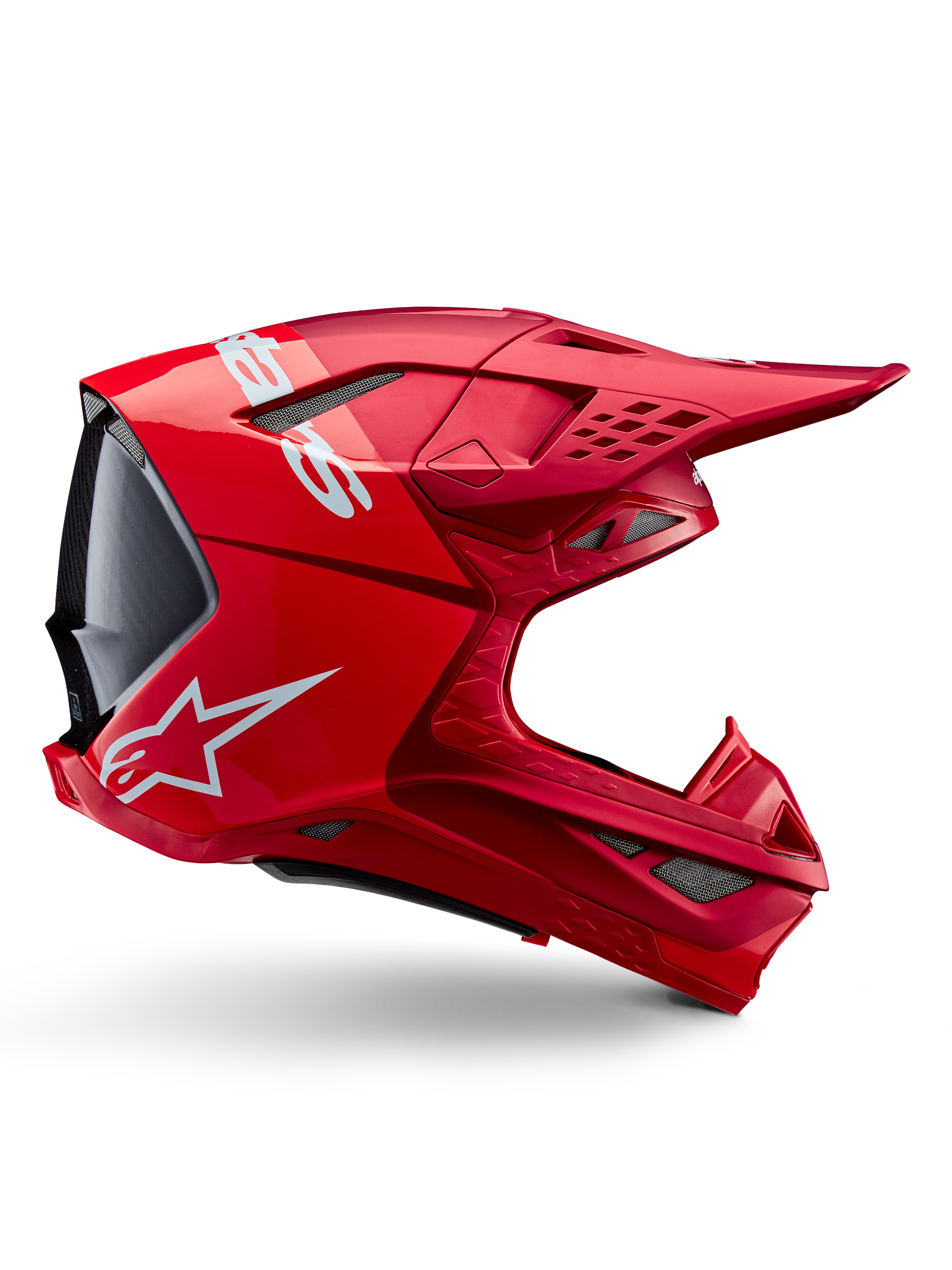 Kask Alpinestars Supertech M10 Flood, kask motocrossowy, czerwony fluo w wykończeniu matowym i błyszczącym, widok z boku z białym logo, liczne otwory wentylacyjne z siatką, aerodynamiczny design wyścigowy off-road