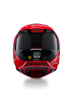 Alpinestars Supertech M10 Flood ECE 22.06 Helmet, Rear View, Red Fluo Red Matte and Glossy, Motocross Helmet with visible carbon fiber texture, MIPS and DOT certification stickers, and aerodynamic ventilation ports.
