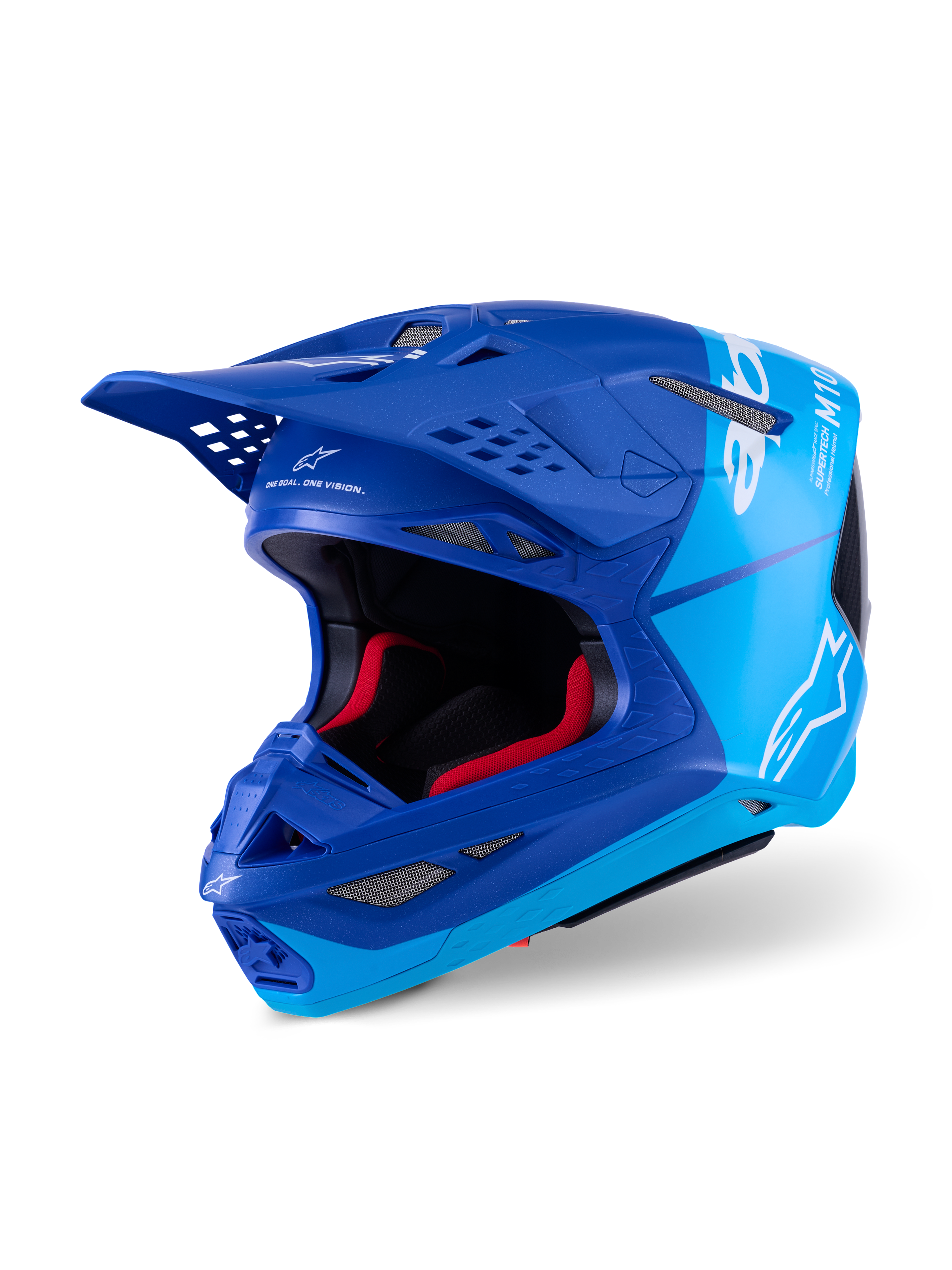 Kask Alpinestars Supertech M10 Flood, kask motocrossowy, metaliczny niebieski i niebieski medium blue z akcentami z czarnego włókna węglowego, białe logo i oznaczenia M10, liczne otwory wentylacyjne i czerwona wyściółka wewnętrzna, zaprojektowany dla profesjonalnych osiągów off-road