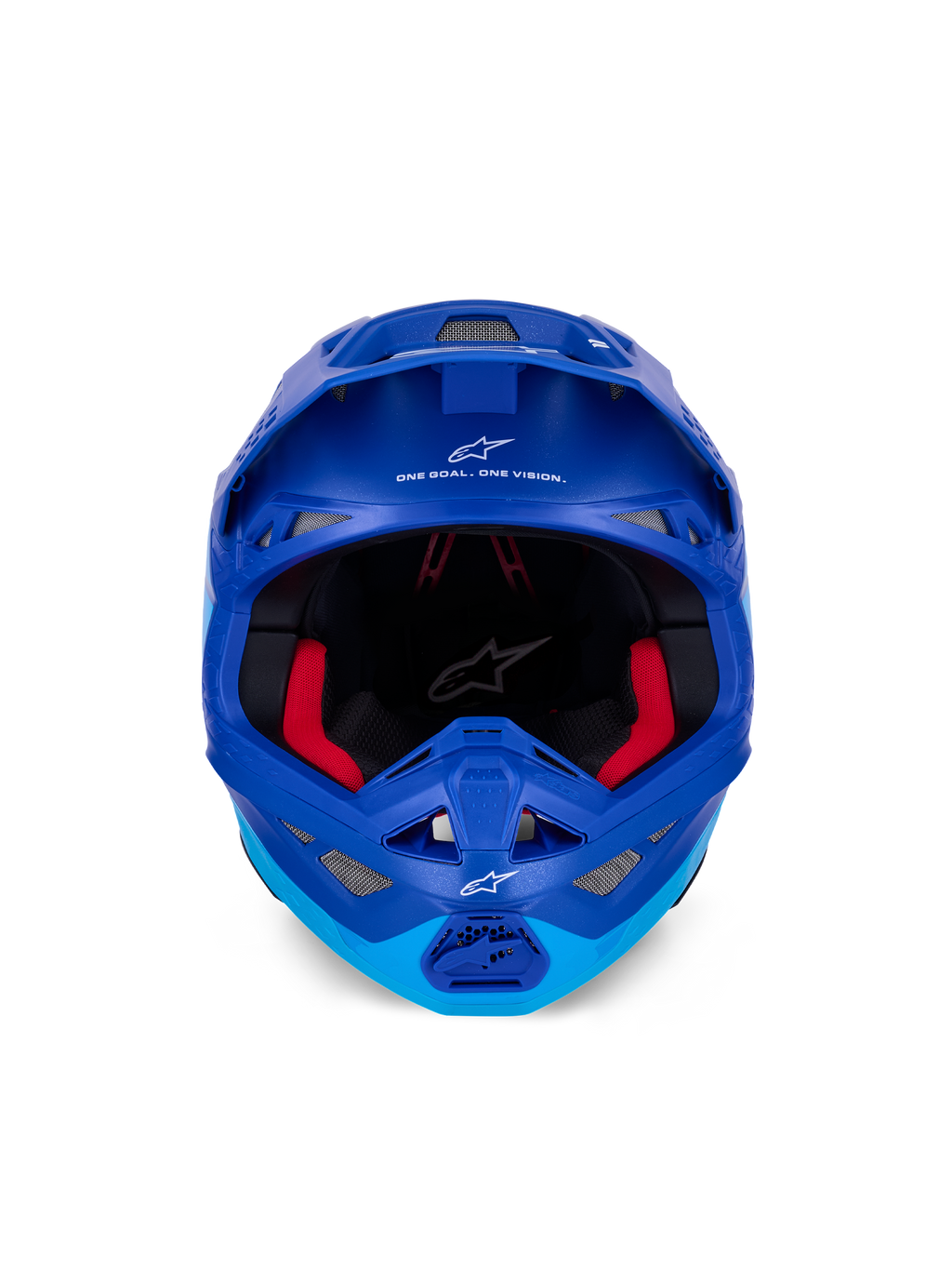 Kask Alpinestars Supertech M10 Flood ECE, kask motocrossowy, metaliczny i średni niebieski z czarnymi karbonowymi akcentami, widok z przodu ukazujący szczękę i otwór na gogle, białe logo i napisy Alpinestars, czerwona wyściółka wewnętrzna, profesjonalna ochrona off-road