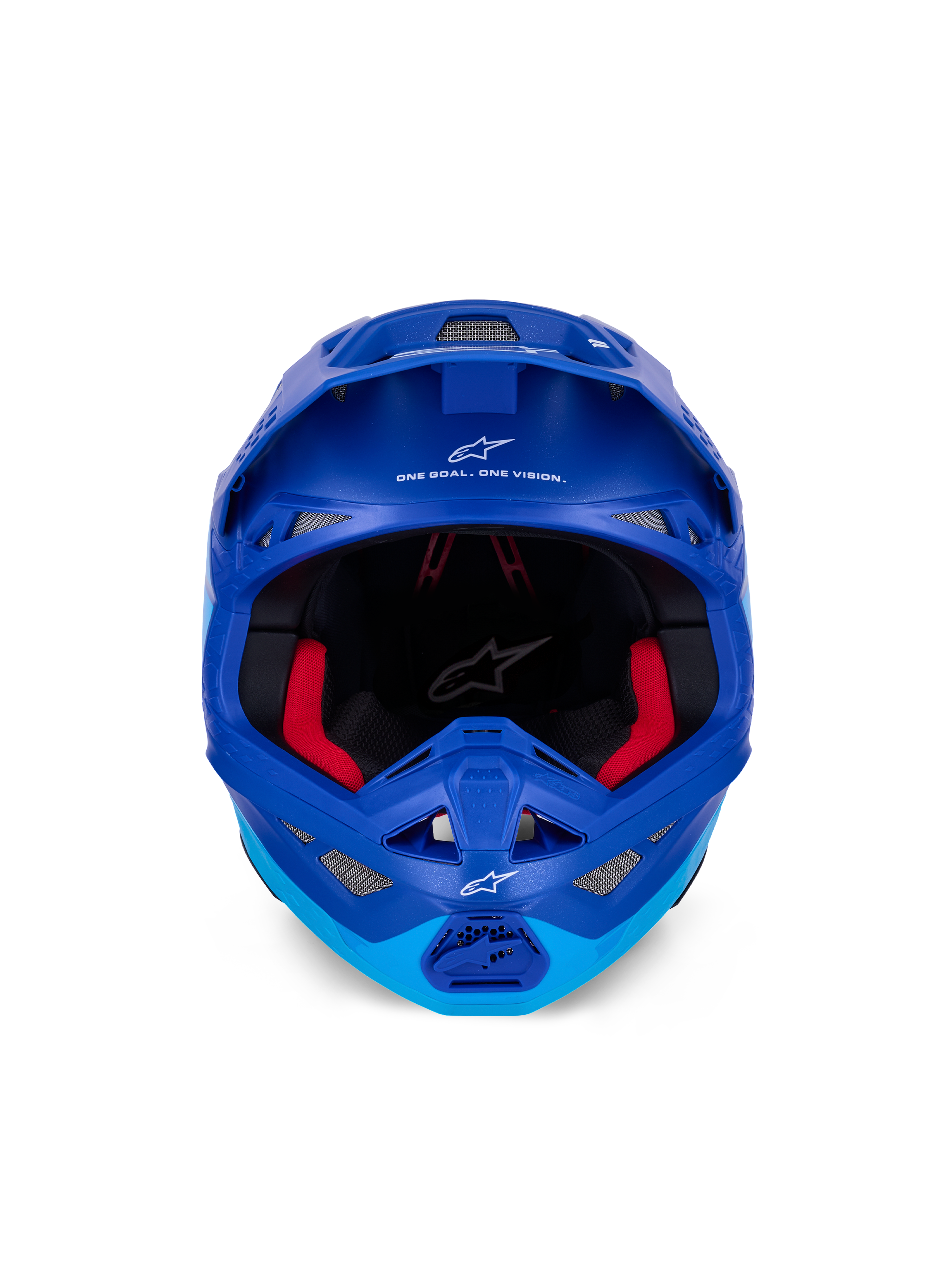 Kask Alpinestars Supertech M10 Flood ECE, kask motocrossowy, metaliczny i średni niebieski z czarnymi karbonowymi akcentami, widok z przodu ukazujący szczękę i otwór na gogle, białe logo i napisy Alpinestars, czerwona wyściółka wewnętrzna, profesjonalna ochrona off-road
