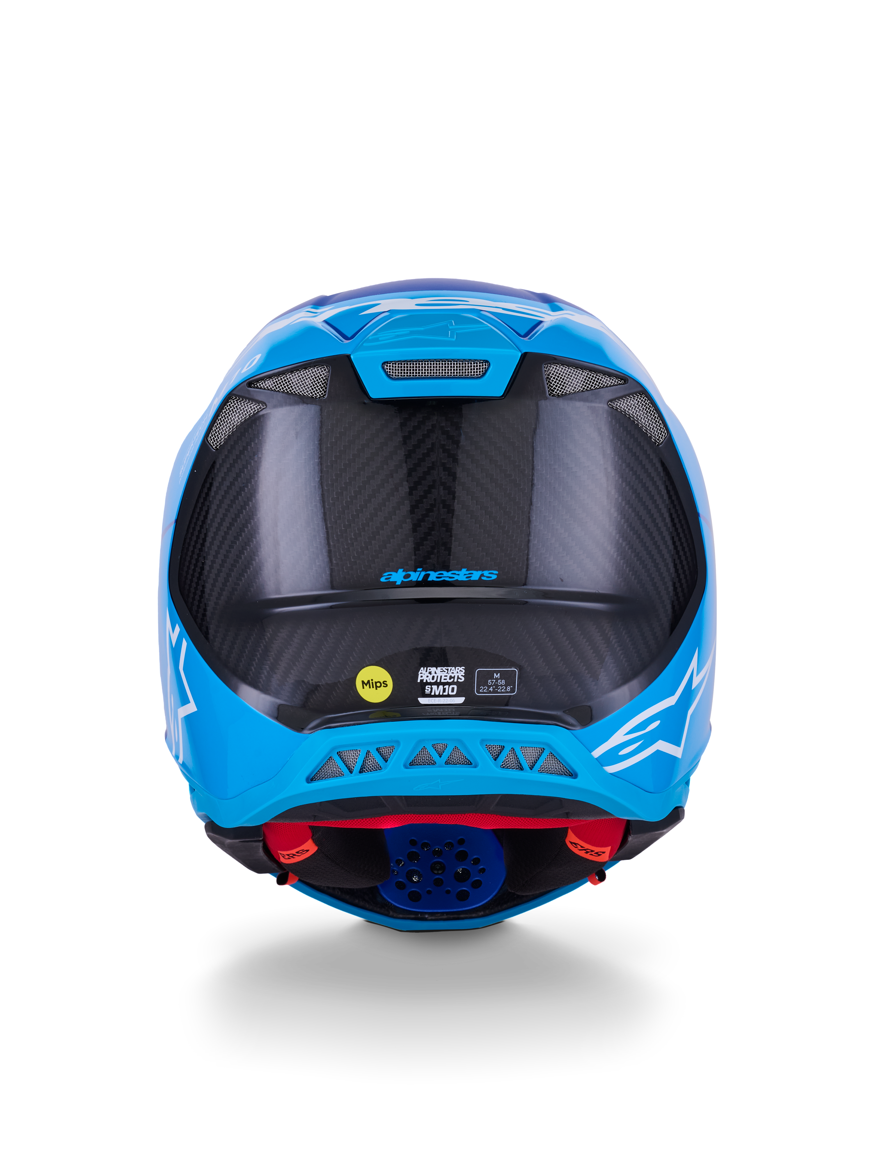 Kask Alpinestars Supertech M10 Flood, kask motocrossowy, metaliczny niebieski i średni niebieski z czarnym włóknem węglowym, widok z tyłu pokazujący teksturę karbonu 3K, białe logotypy gwiazdy, naklejka MIPS i wylotowe otwory wentylacyjne
