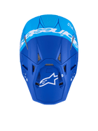 Kask Alpinestars Supertech M10 Flood, kask motocrossowy, ciemnoniebieski i jasnoniebieski, widok z góry z białym brandingiem Alpinestars i otworami wentylacyjnymi, matowe wykończenie, profesjonalny kask off-road