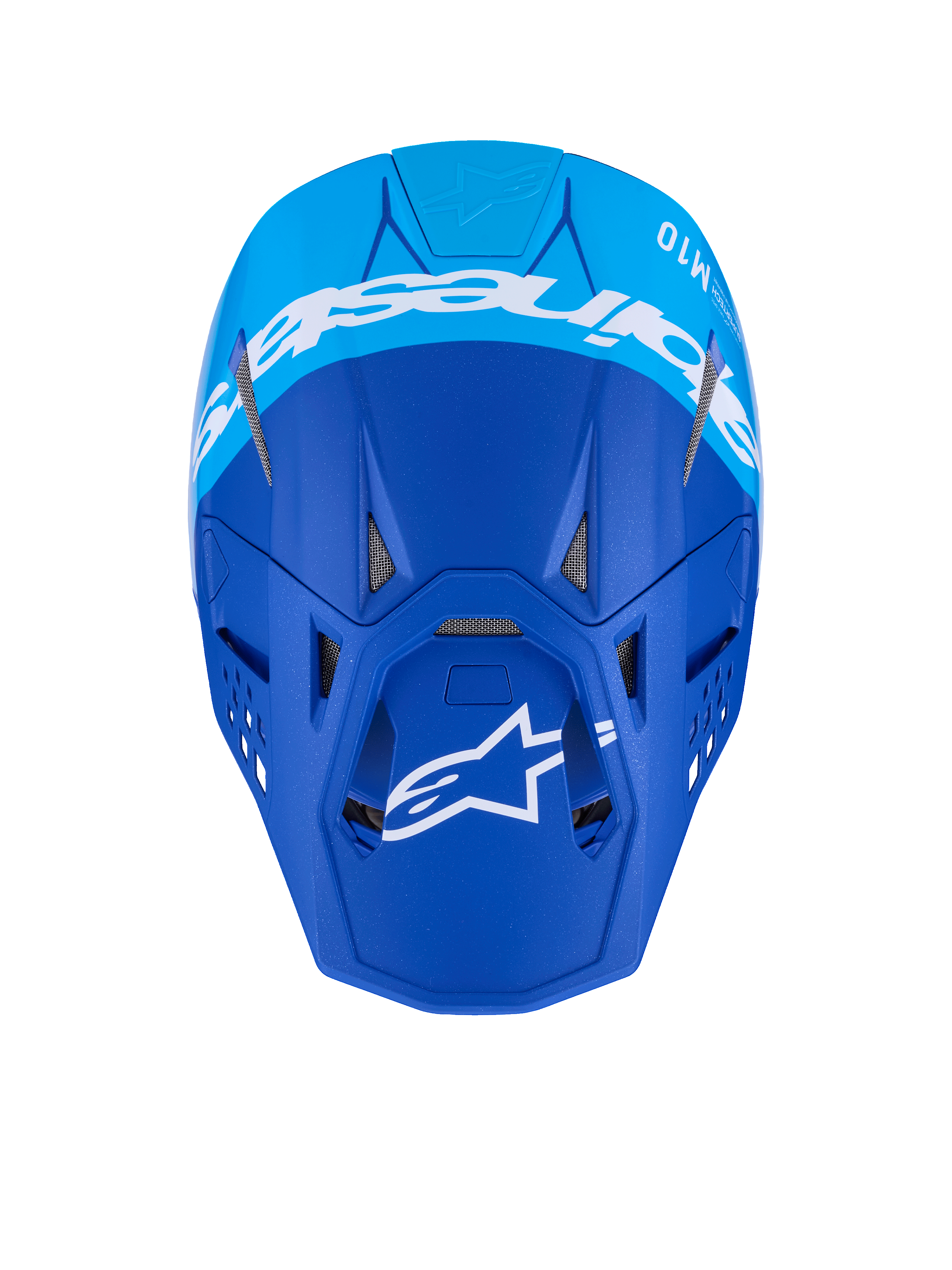Kask Alpinestars Supertech M10 Flood, kask motocrossowy, ciemnoniebieski i jasnoniebieski, widok z góry z białym brandingiem Alpinestars i otworami wentylacyjnymi, matowe wykończenie, profesjonalny kask off-road