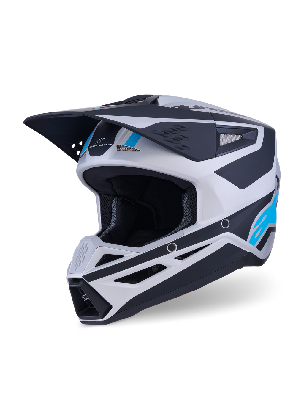 Kask Alpinestars S-M3 Heat, kask motocrossowy, srebrny, niebieski i czarny matowy, wyposażony w aerodynamiczny daszek, liczne otwory wentylacyjne i wyraziste akcenty graficzne, ochronny sprzęt motocyklowy off-road