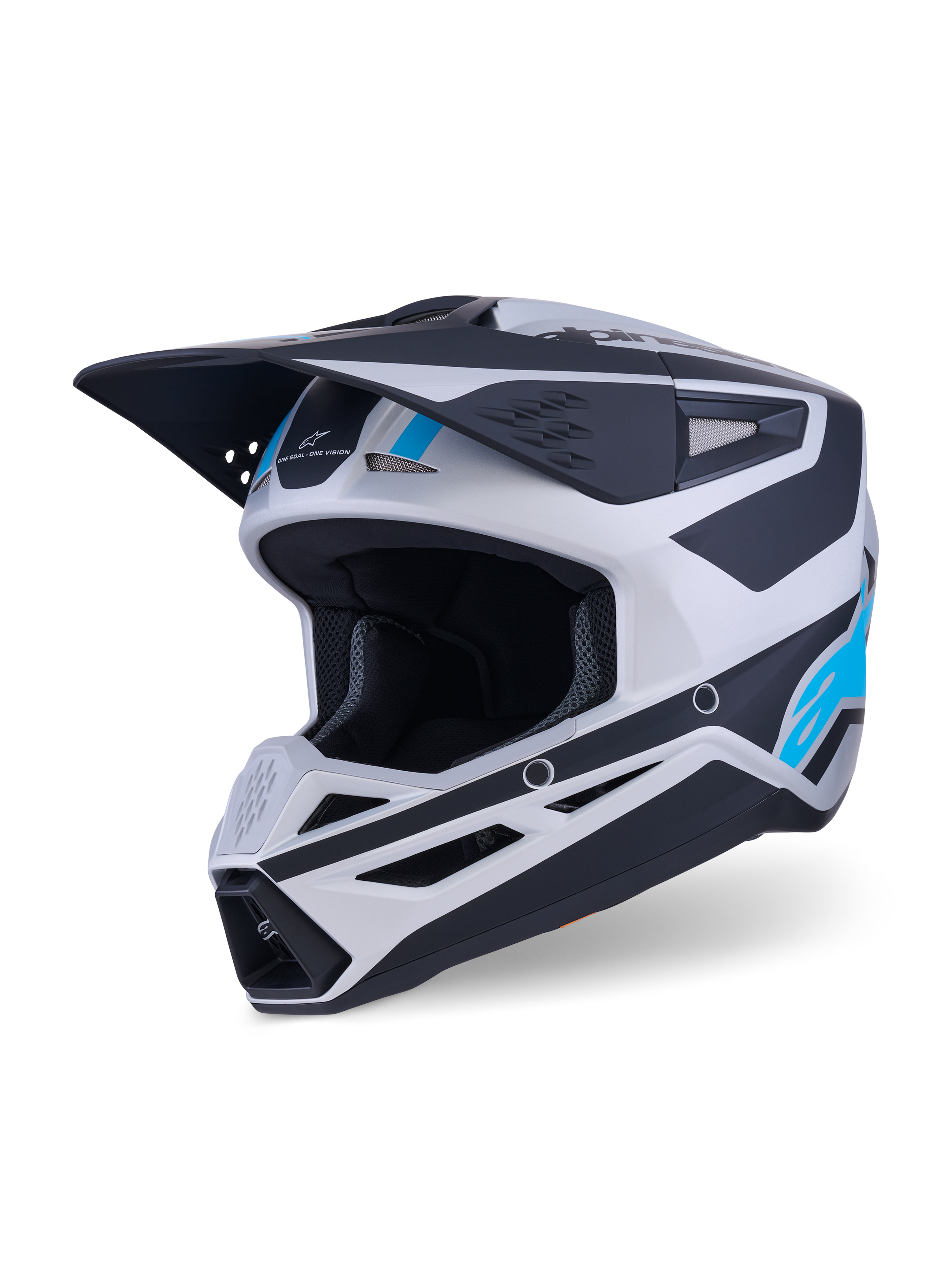 Kask Alpinestars S-M3 Heat, kask motocrossowy, srebrny, niebieski i czarny matowy, wyposażony w aerodynamiczny daszek, liczne otwory wentylacyjne i wyraziste akcenty graficzne, ochronny sprzęt motocyklowy off-road