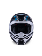 Kask Alpinestars S-M3 Heat, kask motocrossowy, srebrno-niebieski i czarny matowy, widok z przodu eksponujący system wentylacji, duży otwór na gogle oraz wewnętrzną wyściółkę z siatki, z hasłem marki „ONE GOAL ONE VISION” na czole