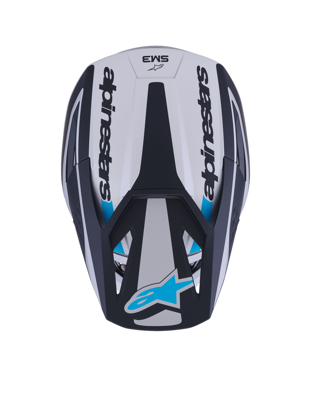 Kask Alpinestars S-M3 Heat, kask motocrossowy, widok z góry, srebrno-niebiesko-czarny mat, z napisem Alpinestars po bokach, niebieskim logo Astar na daszku, aerodynamiczną konstrukcją skorupy i matowym wykończeniem