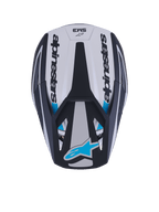 Kask Alpinestars S-M3 Heat, kask motocrossowy, widok z góry, srebrno-niebiesko-czarny mat, z napisem Alpinestars po bokach, niebieskim logo Astar na daszku, aerodynamiczną konstrukcją skorupy i matowym wykończeniem